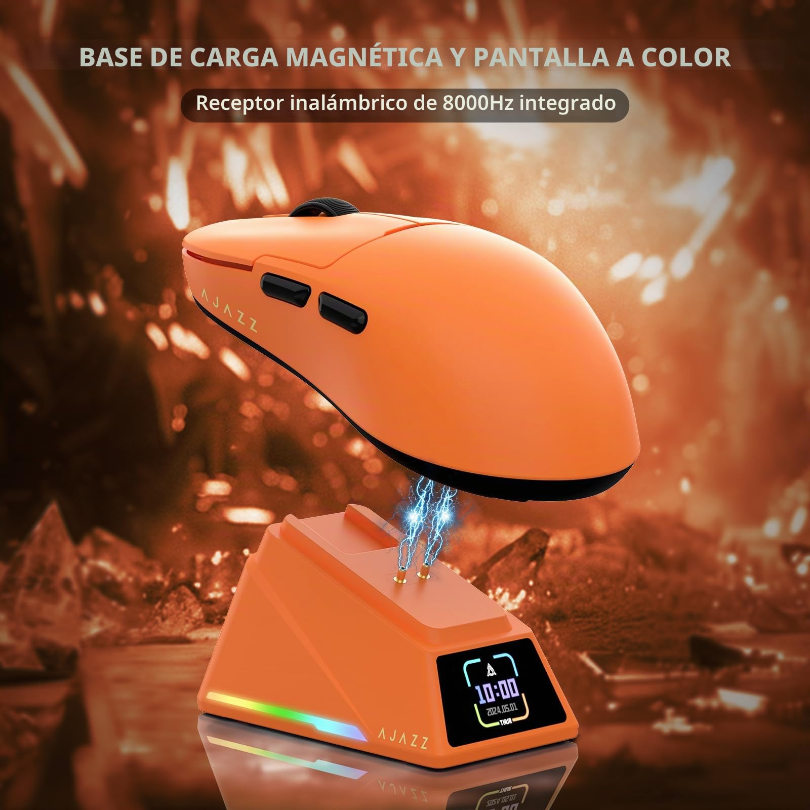 ATTACK SHARK Ajazz AJ159APEX PAW3950 Ratón Gaming, 42K dpi, 8K Hz Wireless Polling, Base de Carga Magnética RGB con Pantalla a Color, 56g Ultraligero Mouse, Cableado/2,4G/BT, PC/PS/Mac, Naranja