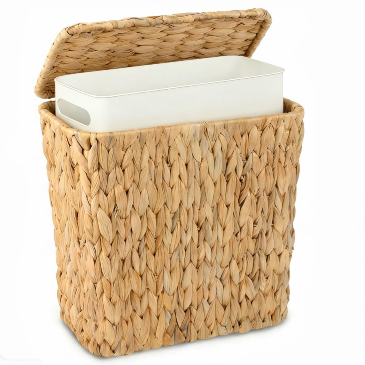 Wicker Trash Can,3 Gallon Bathroom Trash Can with Lid,Natural Water Hyacinth Wicker Waste Basket with Removable Liner, for Bedroom, Toilet, Narrow Spaces