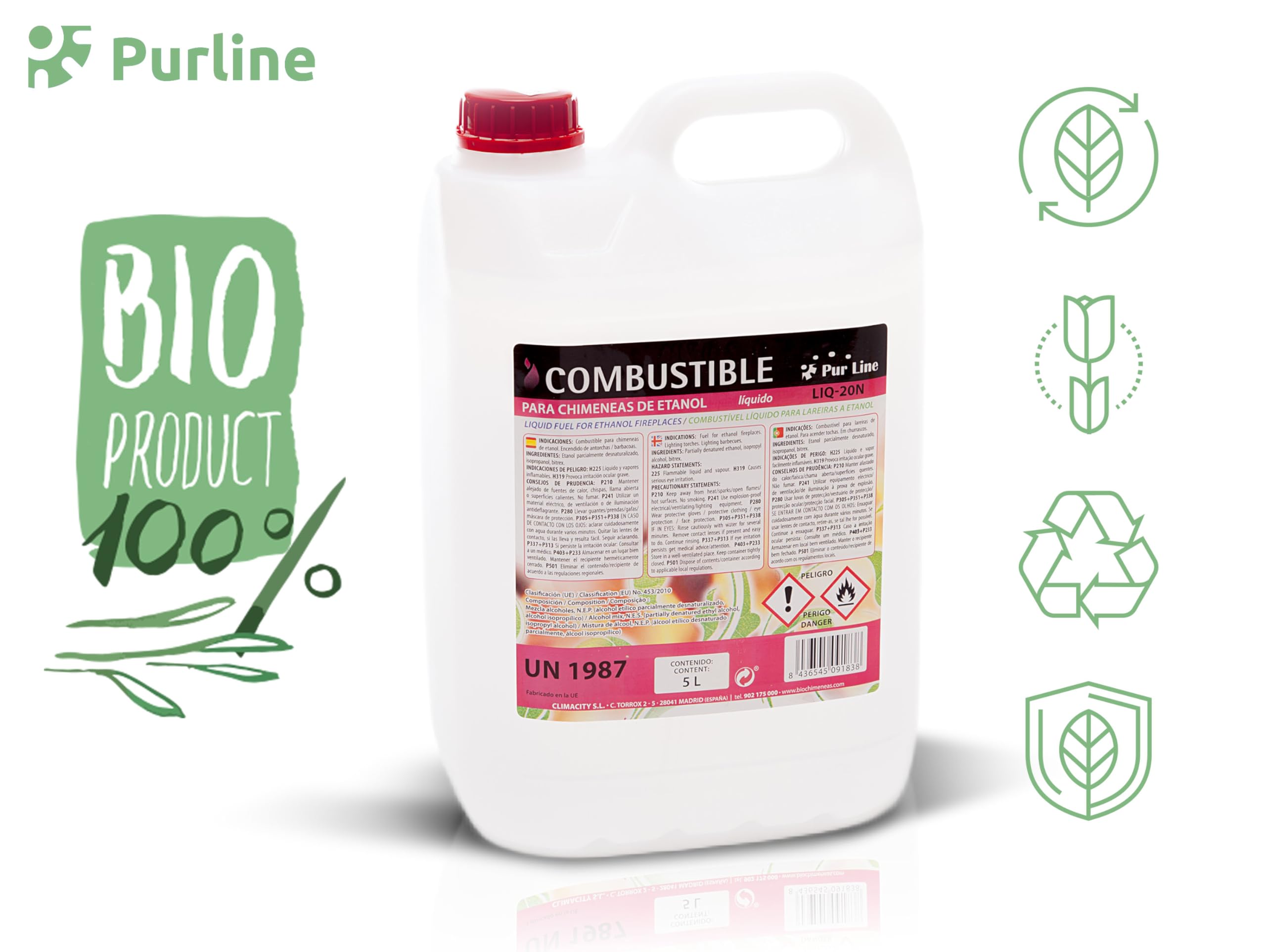 PUR LINE | Bioetanol 5L 96% Combustible para Chimeneas y Estufas, Sin Humo y Alta Combustión - Bioetanol Líquido para Biochimeneas, Quemadores y Uso Interior/Exterior