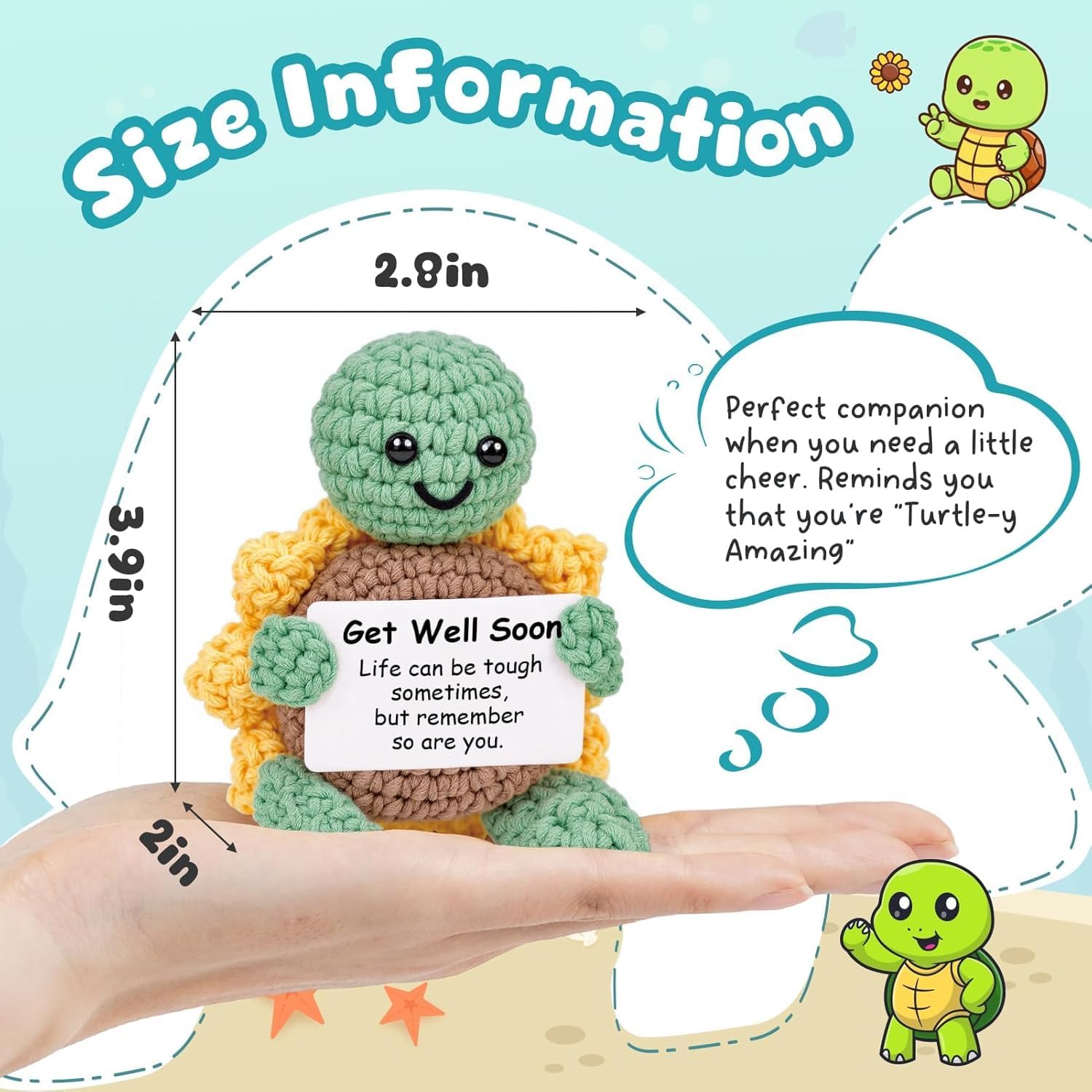 ALUNME Get Well Soon Gifts for Women Men - Cute Handmade Crochet Turtle with Sunflower Shell, Positive Get Well Gift for Women Friend Family, Feel Better Gift for Surgery Recovery (get well soon) - Image 2