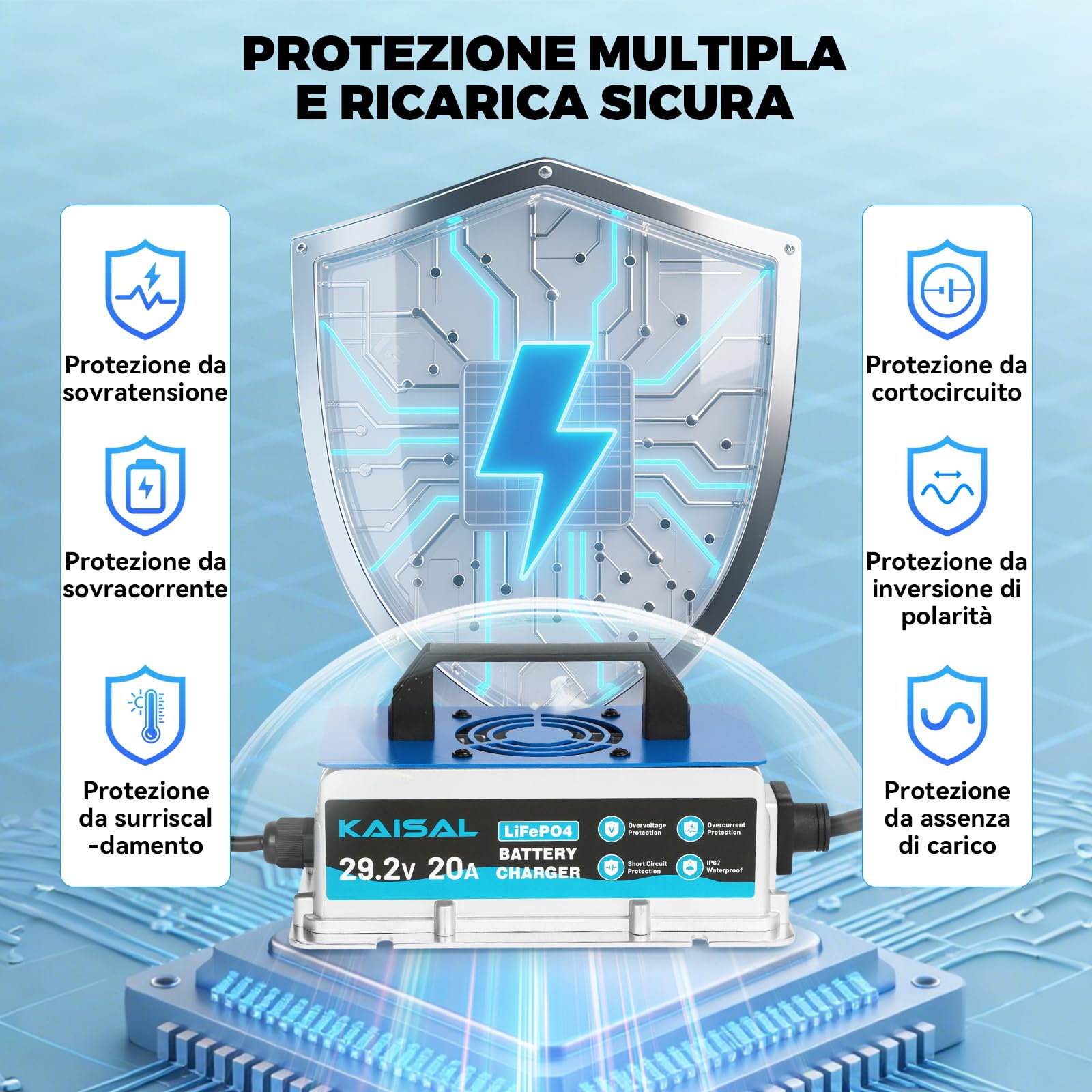 KAISAL 29.2V 20A Caricabatterie al Litio, Caricatore per Batteria al Litio da 24 V (25.6 V), 24V Intelligente Caricabatteria LiFePO4 Impermeabile IP67 per Camper, Barca, Solare