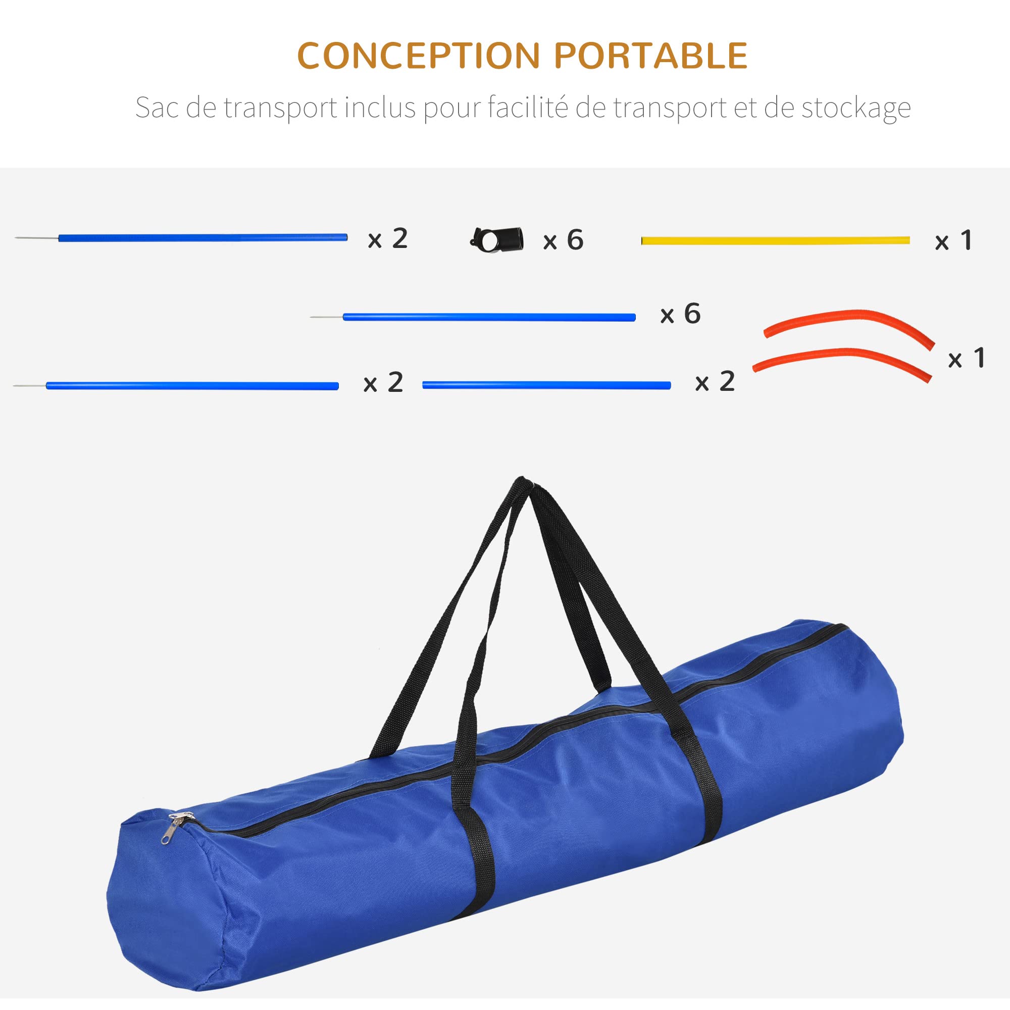 PawHut Agility Sport pour Chiens équipement Complet : poteaux Slalom, Obstacle, Anneau + Sac de Transport Bleu Jaune Rouge