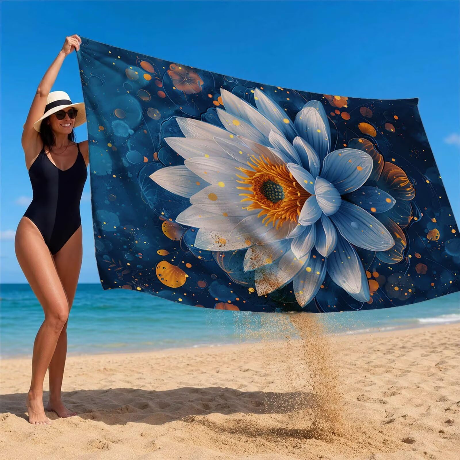 Blanco Toalla Playa 220 x 160 Resistente a la Arena Secado rápido Ligero, Toalla Playa Grande 160x220cm Suave Cómodo como Gym Yoga Sauna Toallas Baño Grandes Exterior Travel Essentials Flor XTLS-4453