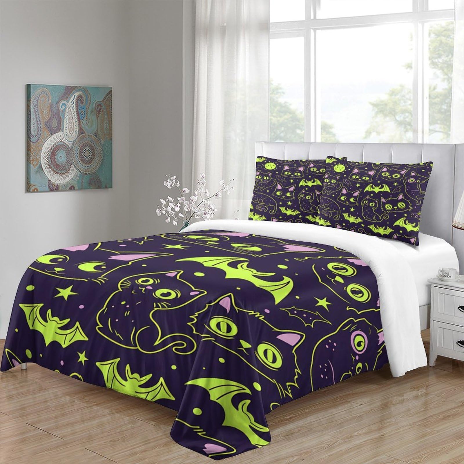 Halloween Katzen 3-teiliges Reines Polyester Cartoon schreckliches Design Bettbezug, Versteckter Reißverschluss, Krippenbettwäsche, Babysicher & Pflegeleicht King（220x240cm）