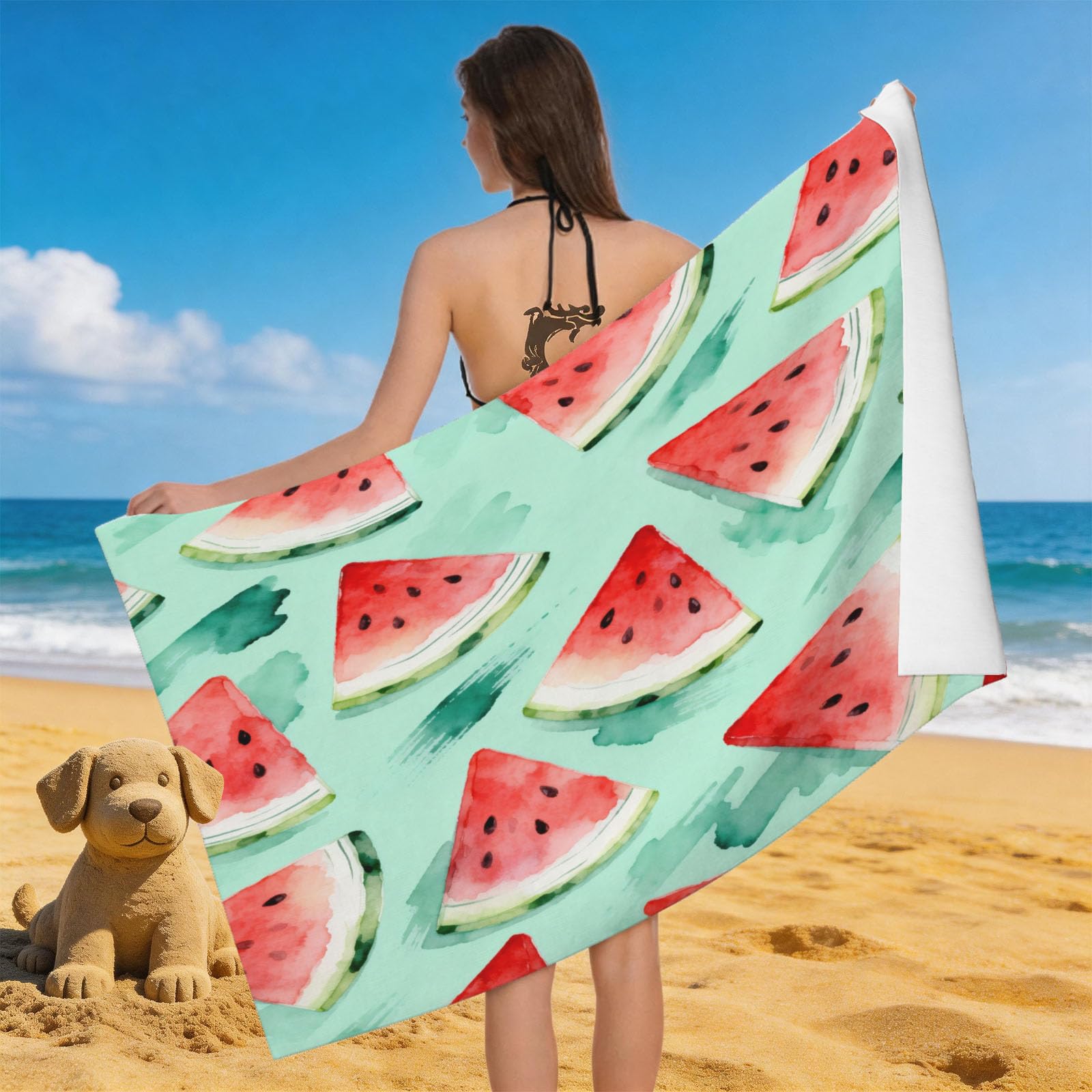 Leichong 3D Watermelon Beach Towel Large Microfiber Soft Quick Dry for Adults, Watercolor Fruit Bath Towel Lightweight Soft Absorbent for Travel Swimming Pool Sports, 80 x 160 cm