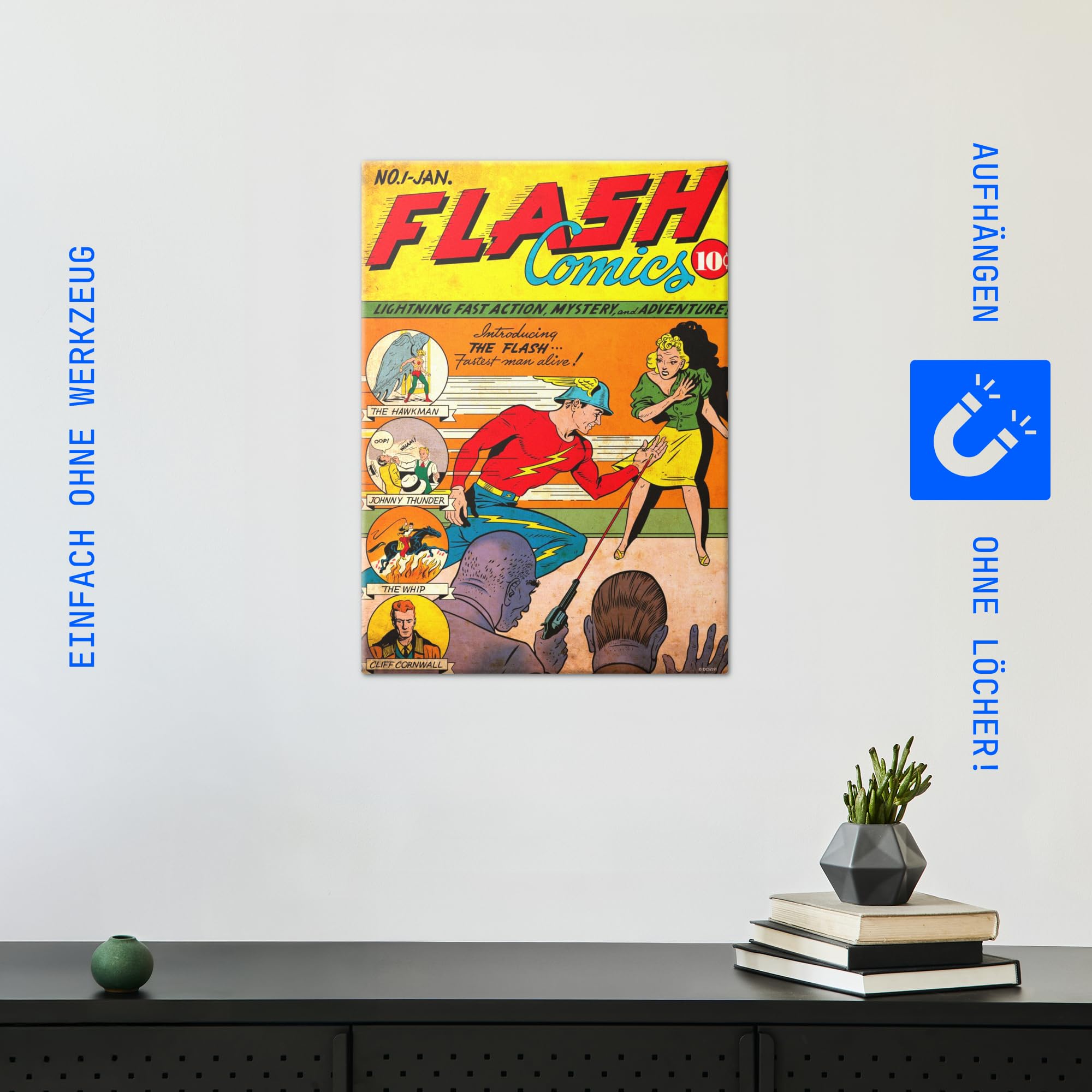 Displate Metall poster DC Comics Flash Comics 1 by Sheldon Moldoff Größe M | Bild Plakate für Schlafzimmer Dekor, Geschenke. Magnetische Befestigung Wandposter, Wanddeko. Metall Wandkunst.