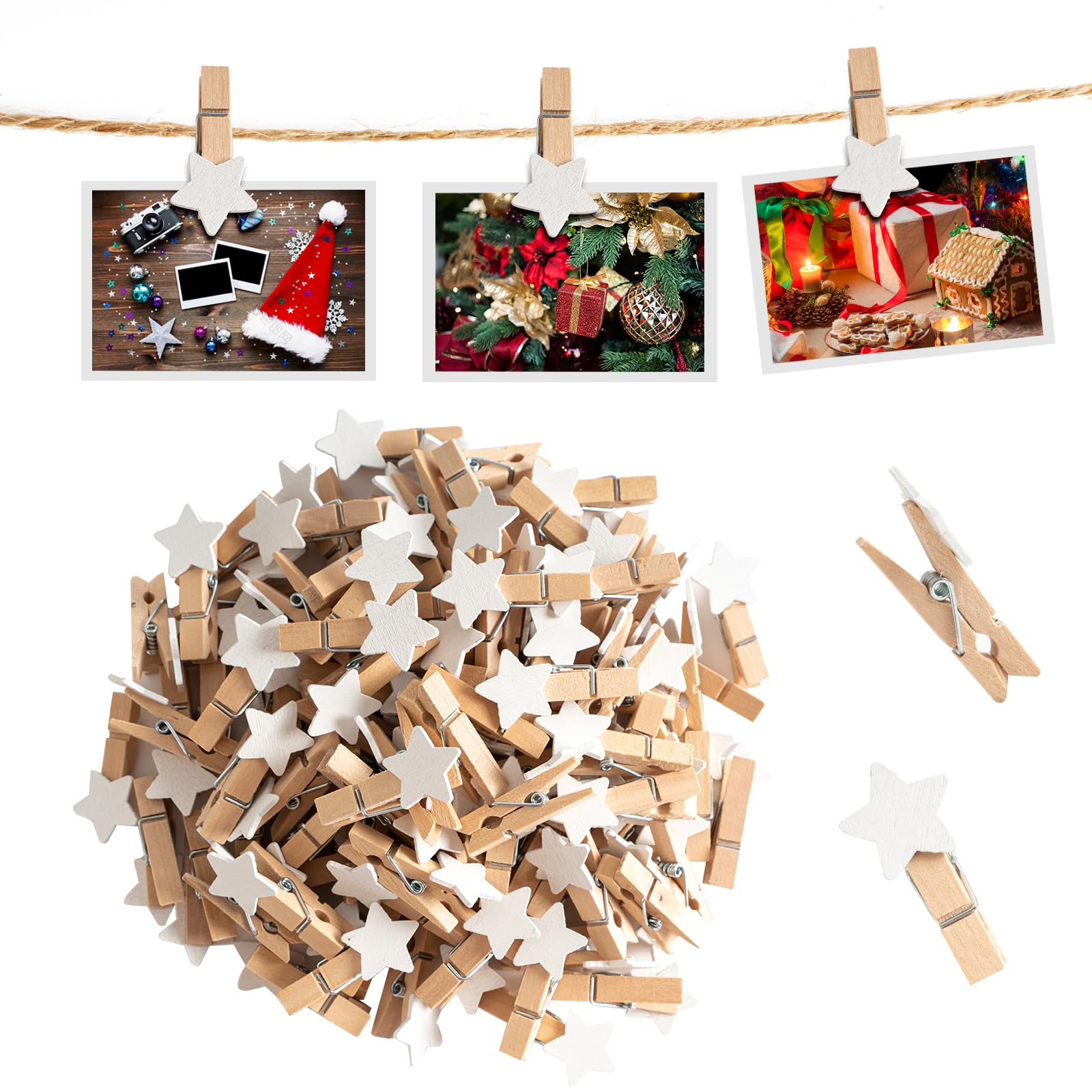 CUWELT 200pcs Mini Wooden Star Pegs, 3.5CM White Photo Star Clips with 30 Meters Jute Twine for Decorative Photo Paper Wall DIY, Paper Clips Natural Star Pegs for Christmas Arts Crafts Wedding Party