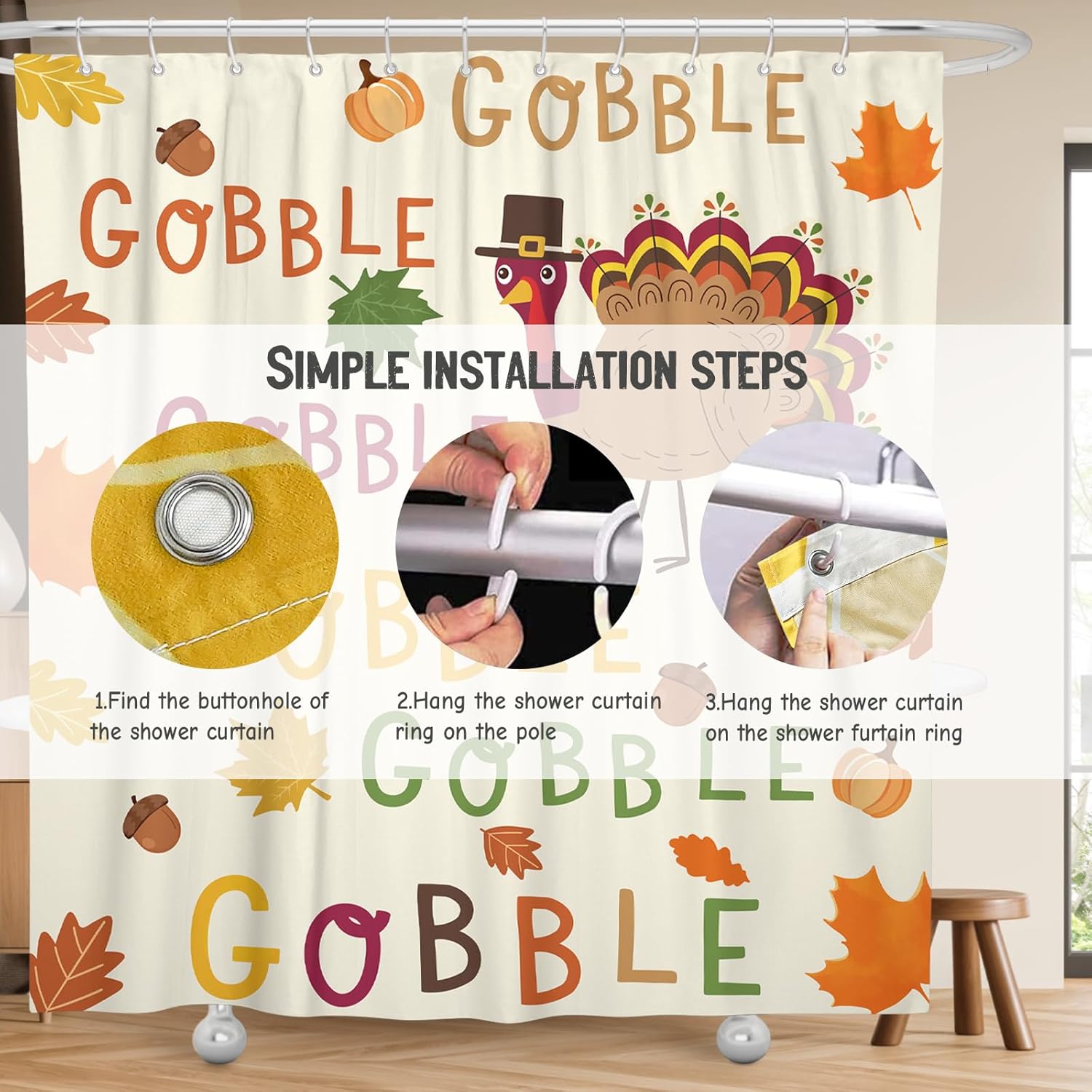 Thanksgiving Shower Curtain Fall Turkey Shower Curtains for Bathroom Autumn Funny Turkey Themed Curtain Sets Fall Thanksgiving Decor 72''Wx72''H with 12 Hooks