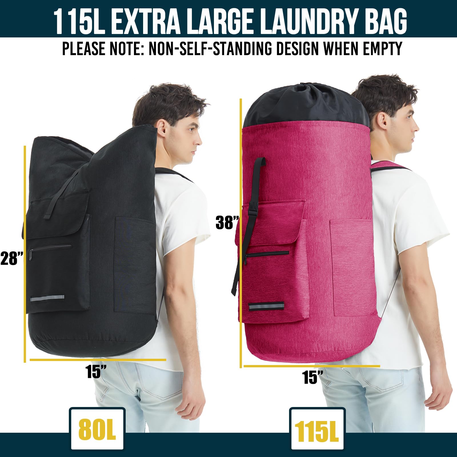 Wäschesack, extra groß, 115 l, Wäschesack mit Schultergurten, stabiler Reise-Wäschesack mit 4 Taschen, Wäschesack, strapazierfähig, Rucksack, Wäschesack, XXL, College-Wäschesack für Schlafsaal