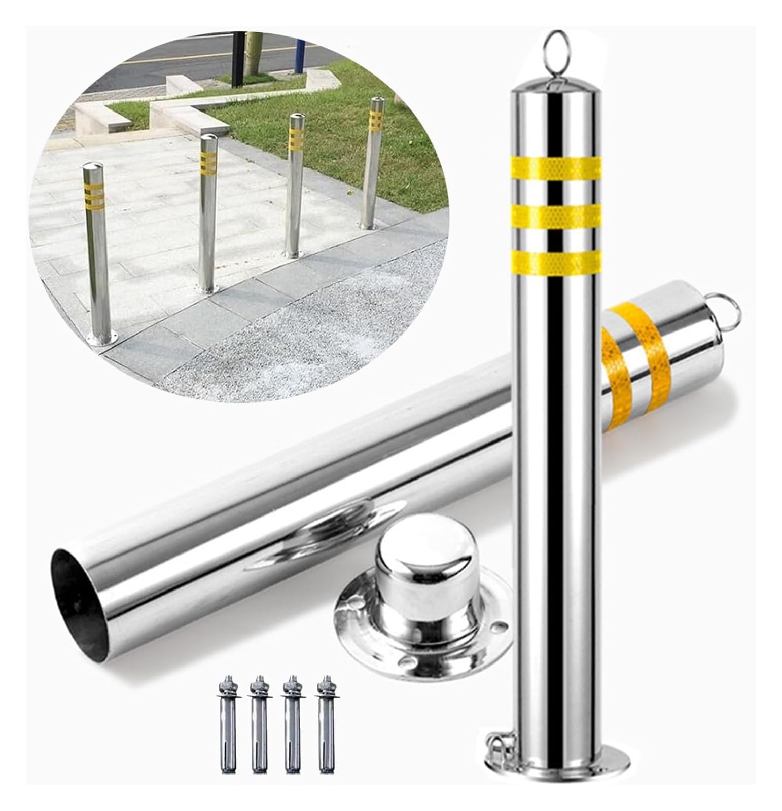 CWCQGH Safety Bollard Down Pillar Barricades With Reflective Tapes, Detachable Metal Bollard Post Driveway Blocker (Yellow 7.6 x 75cm (3 x 29 1/2in))