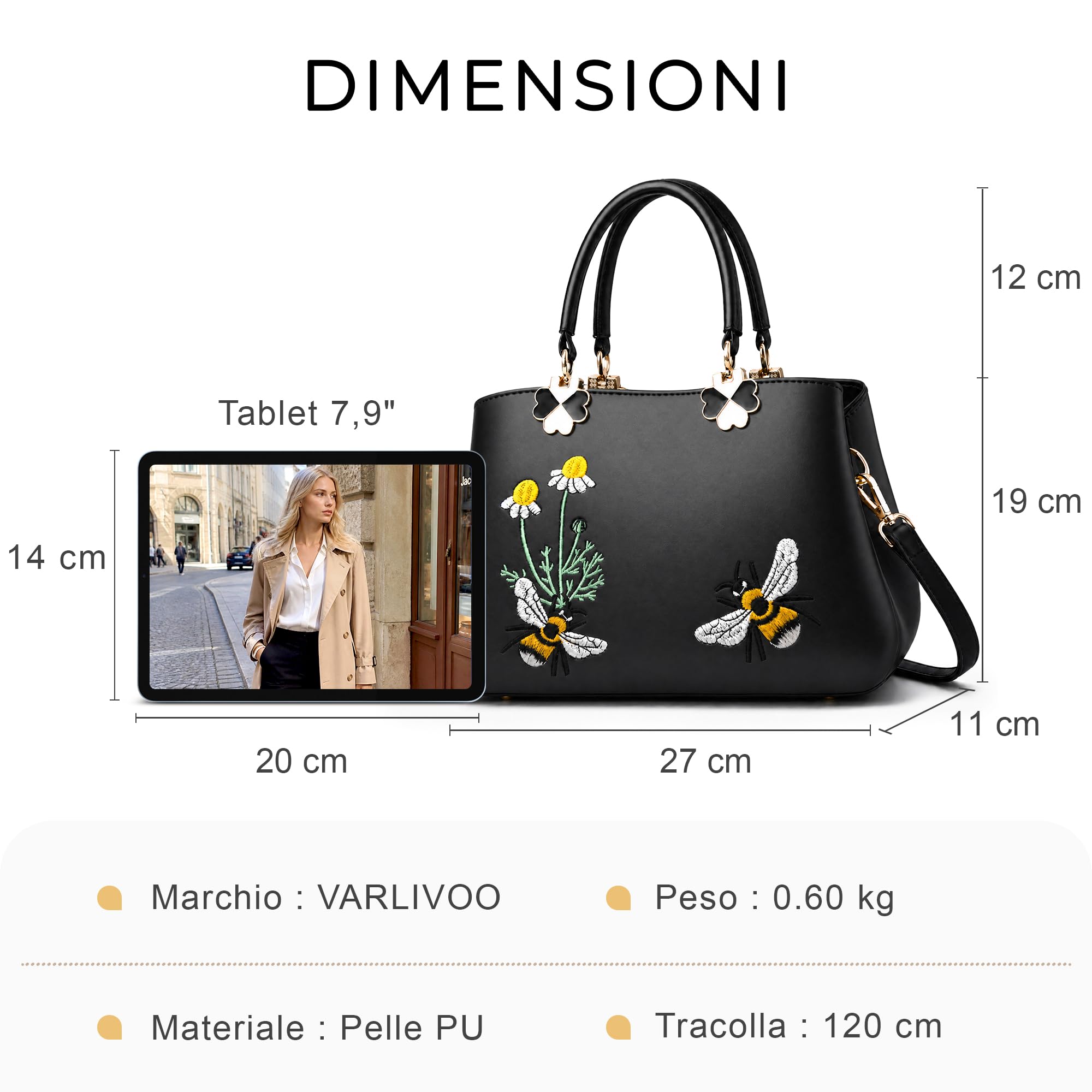 VARLIVOO Elegante Donna Borsa Ricamo Borse a Mano Borsetta Borsa a Tracolla da Donna Borse a Tracolla Spalla Lavoro Viaggiare Shopping PU Pelle Nero B