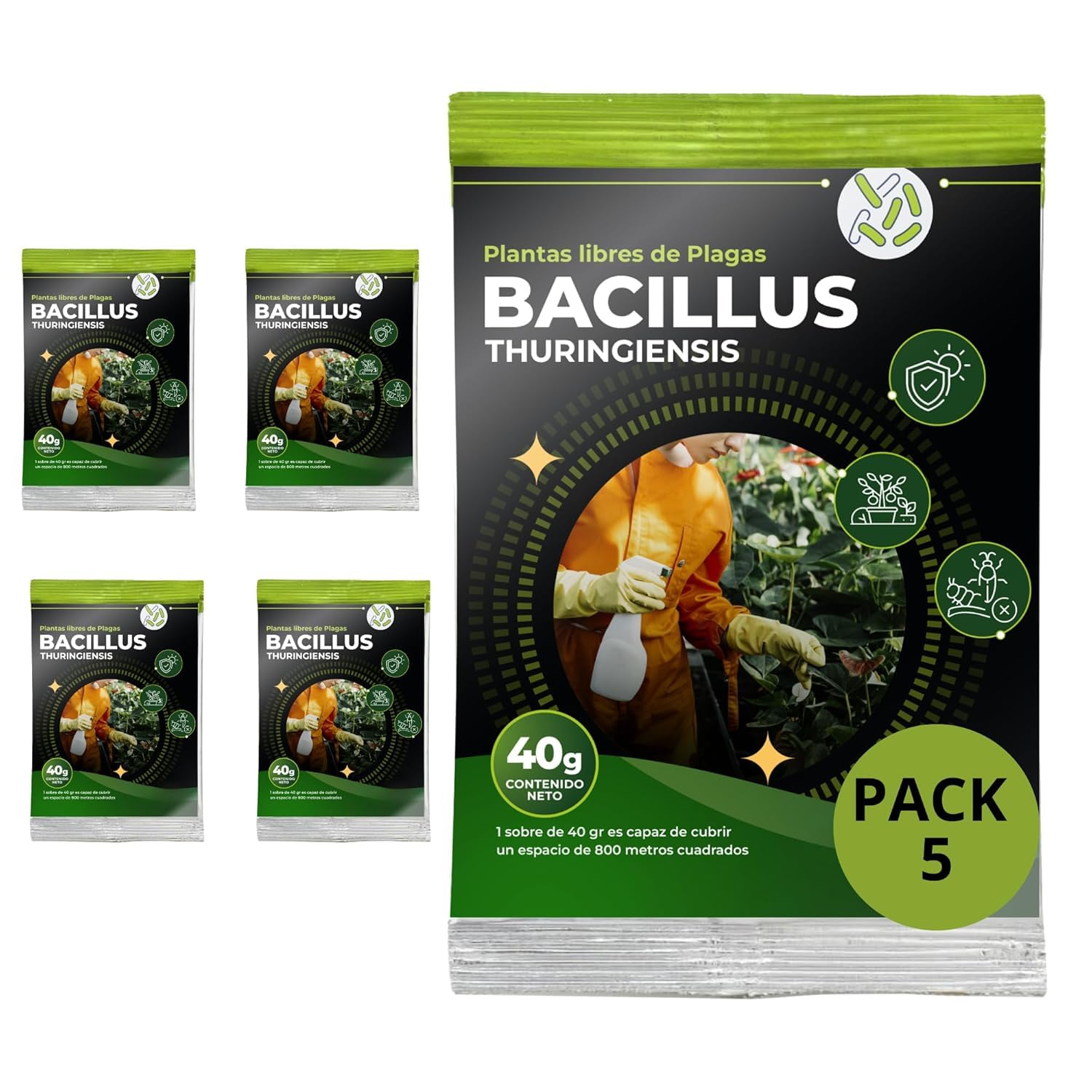 TRABE Pack 5 Bacillus Thuringiensis 40g | Protección contra Orugas Ecológico | Protege Todo Tipo de Cultivos y Plantas de Plagas | Respeta Animales, Medio Ambiente y Personas