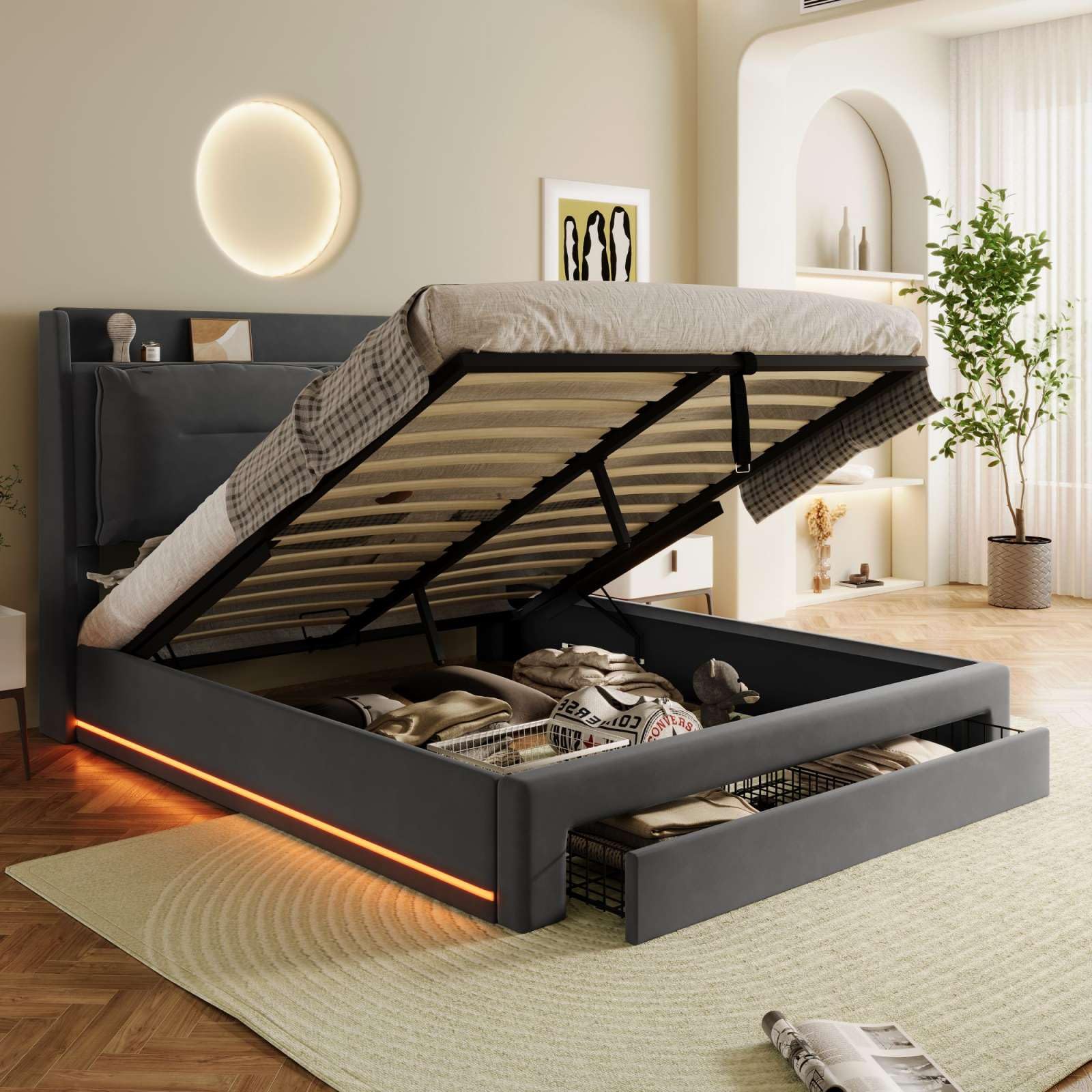Lit Coffre Avec Bande LED Et Ports De Charge – Taille 160x200 Cm – Gris Lin – Sommier à Lattes Inclus – Rangement Hydraulique – Charge Max 200 Kg