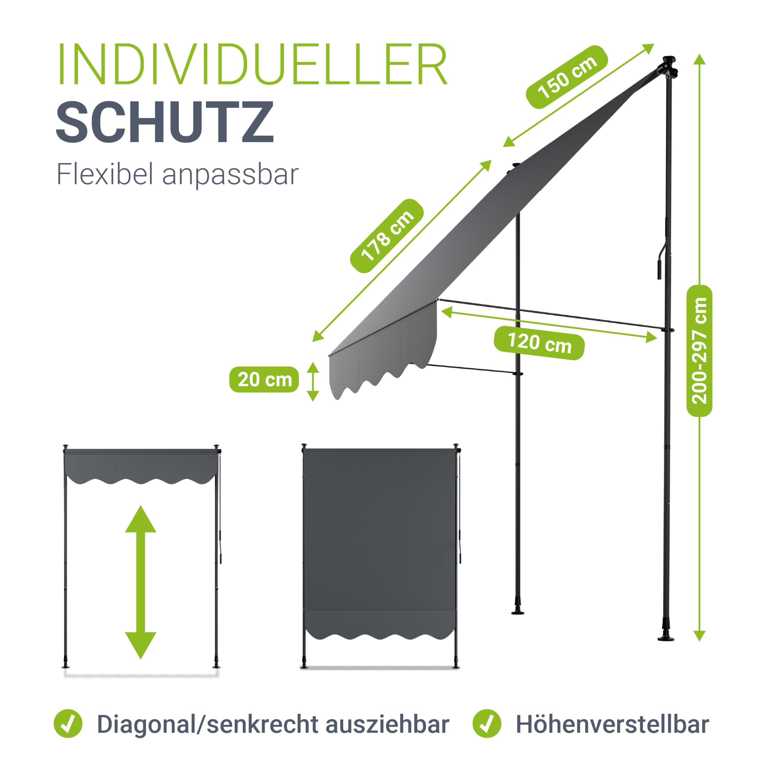 Juskys® Klemmmarkise Kapstadt 150x120 cm - Höhenverstellbar & UV-beständig - Balkon & Terrasse - Wetterfest & Sichtschutz - Terrassenüberdachung Grau