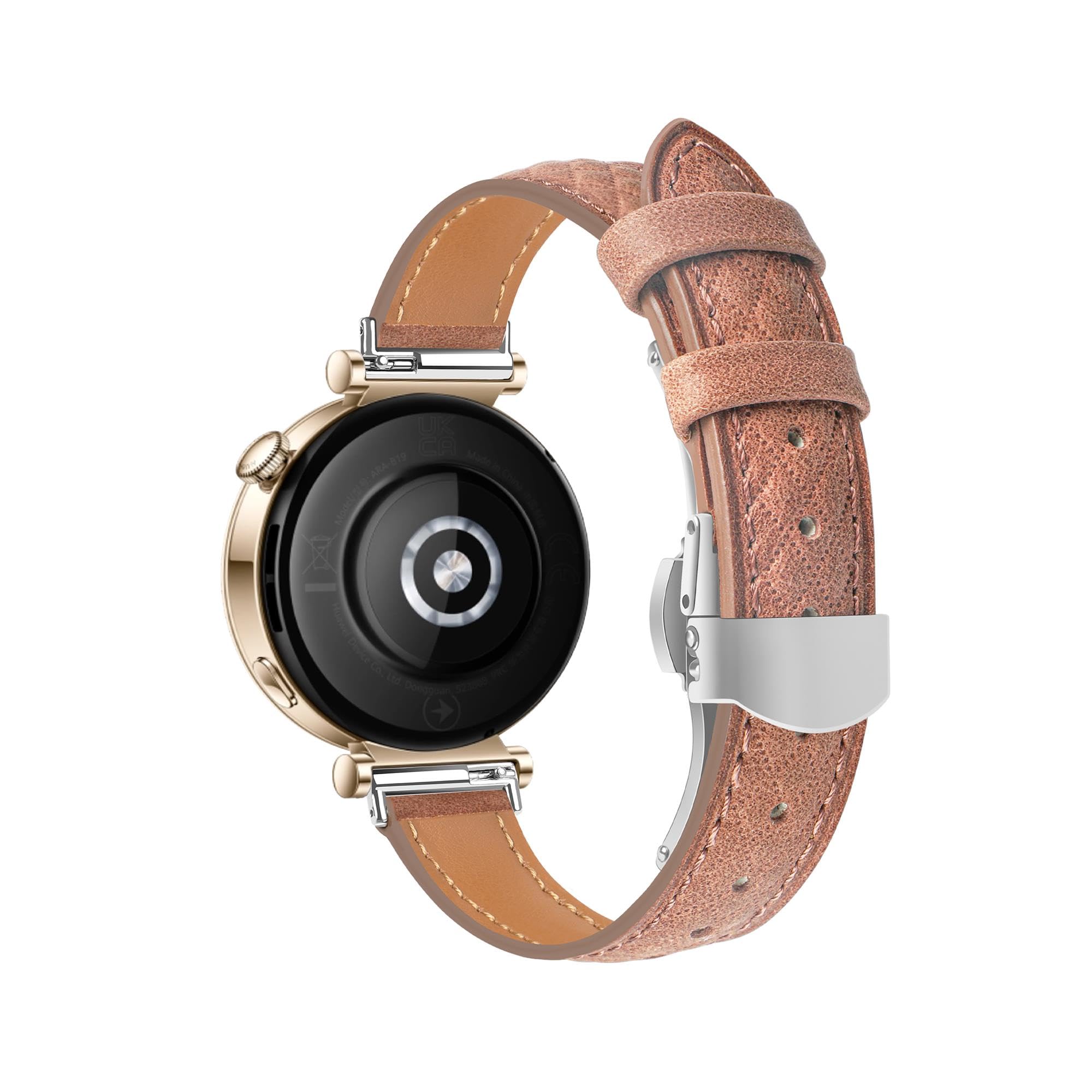 VeveXiao Leather Strap Compatible with Huawei Watch GT 4 41mm band, 18mm Soft Leather Metal Butterfly Buckle Band Replacement Wristband for Women Men (Dark brown)