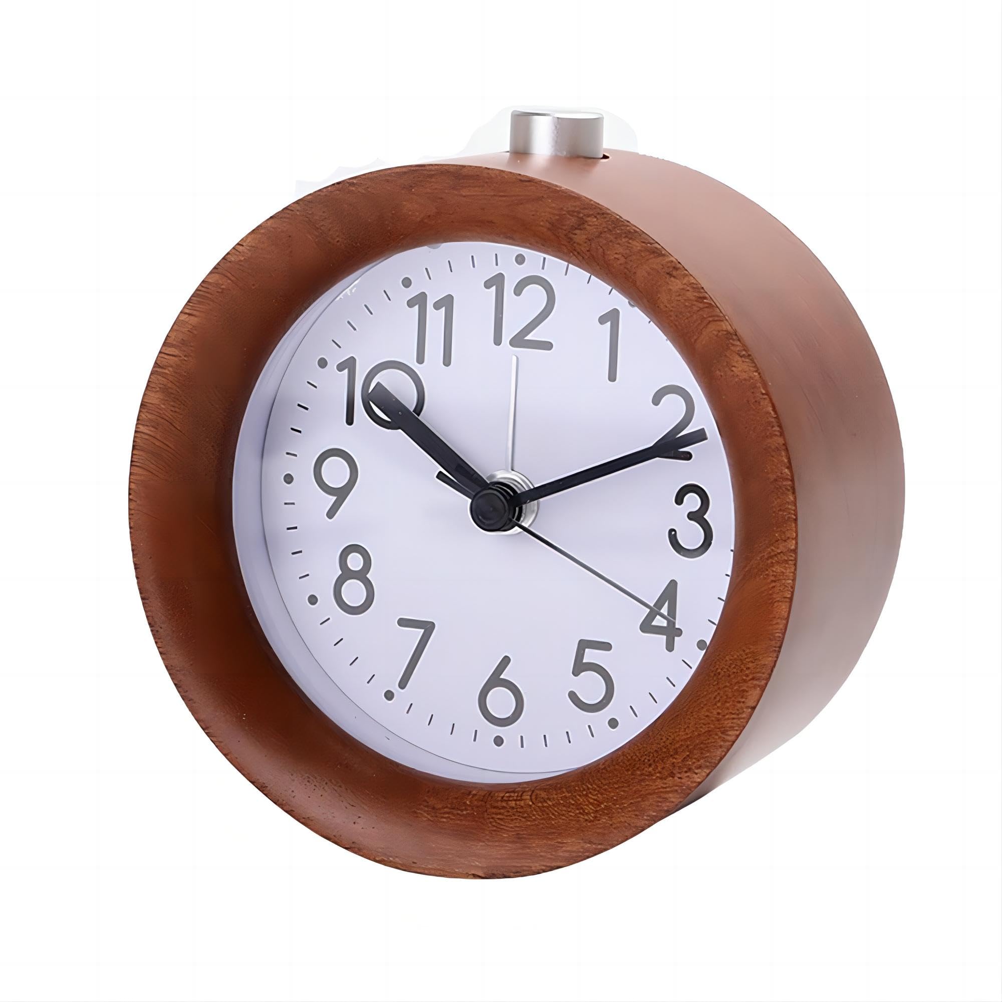 Lancoon Round Wooden Alarm Clock Analog Non Ticking Silent with Arabic Numerals Night Light Snooze Function Battery Operated