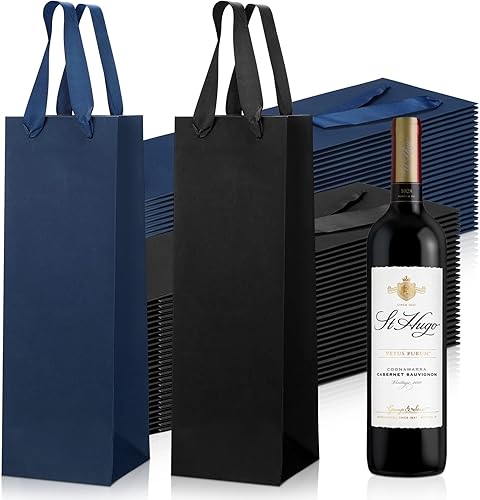 Fumete Paquete de 50 bolsas de regalo para botellas de vino, bolsas de regalo de papel de vino a granel de 13.8 x 3.7 x 3.5 pulgadas con asas para