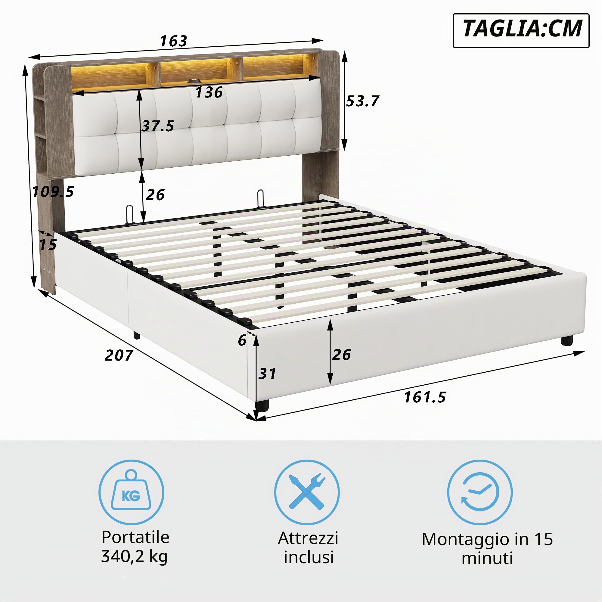 Letto imbottito 160 x 200 cm, letto matrimoniale a LED con testiera e USB, letto idraulico, struttura del letto con rete a doghe in legno, Velluto, senza materasso