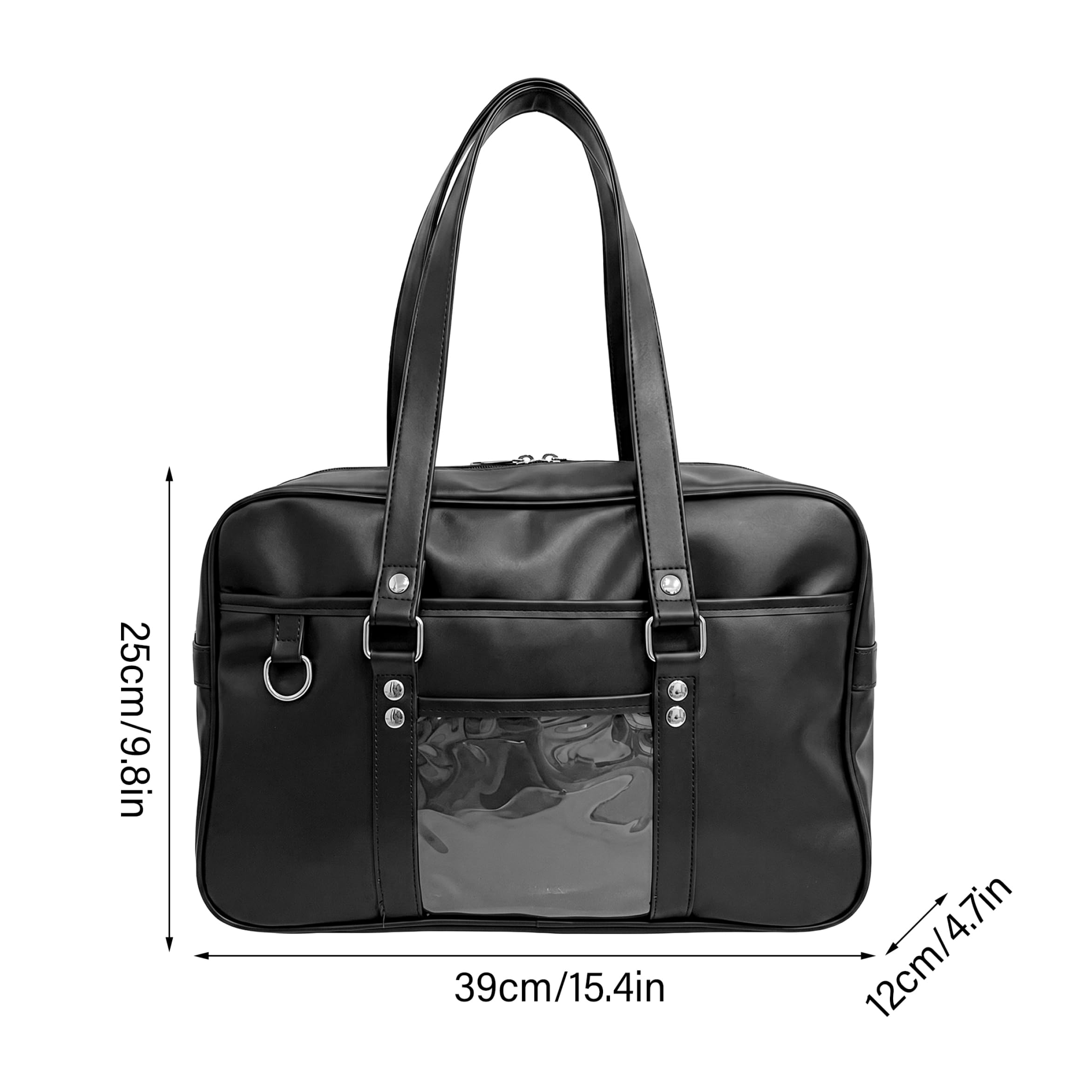 Itabag Bolso Escolar Japonés, Bolso Kawaii De Un Solo Hombro De Cuero De Pu con Bolsillo Transparente, Negro.