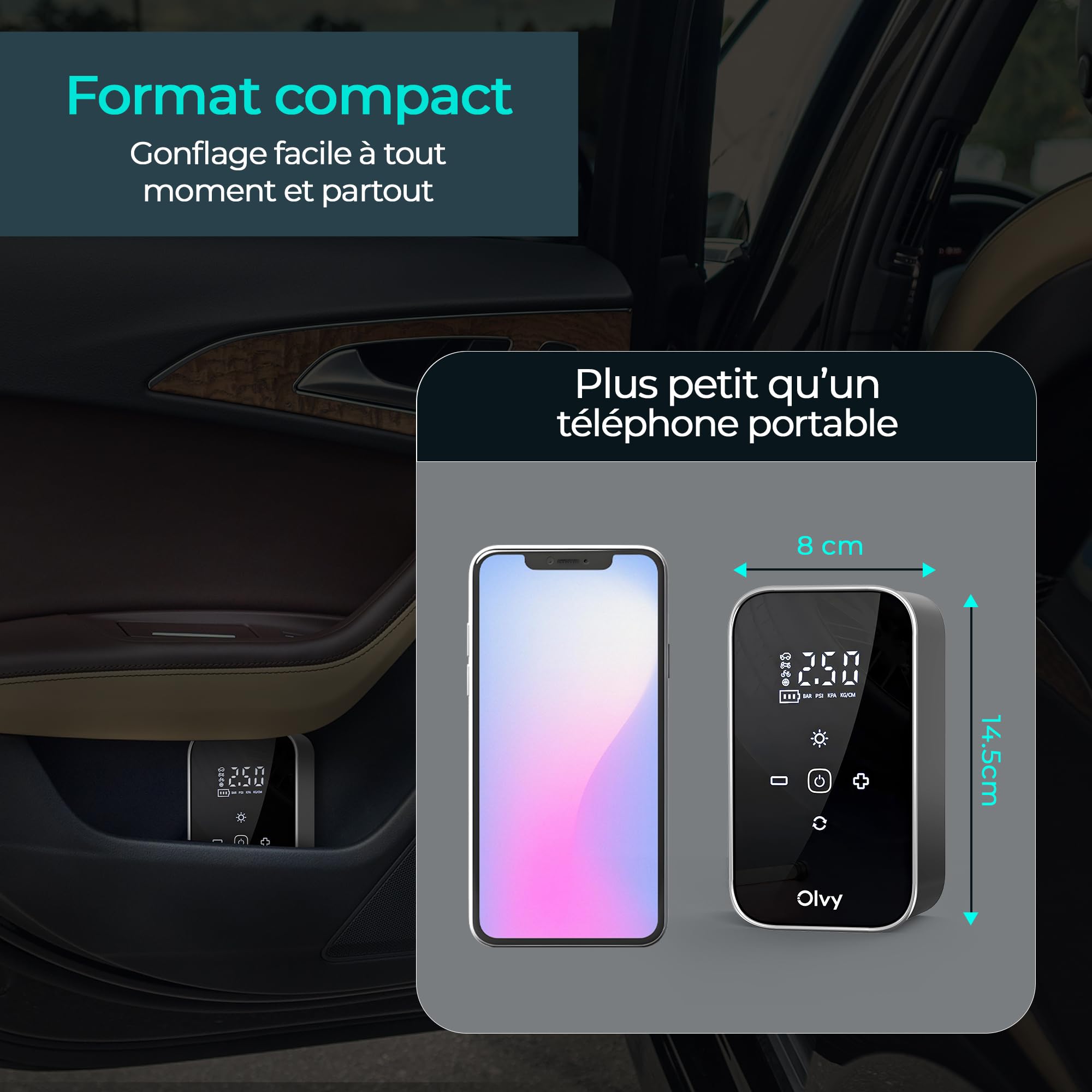 Olvy Compresseur d'air portable - Gonfleur de pneus sans fil 12V - Batterie rechargeable 6000 mAh - Écran numérique - Arrêt automatique - Lampe LED - Pour voiture, vélo, moto, ballon et matelas gonfla