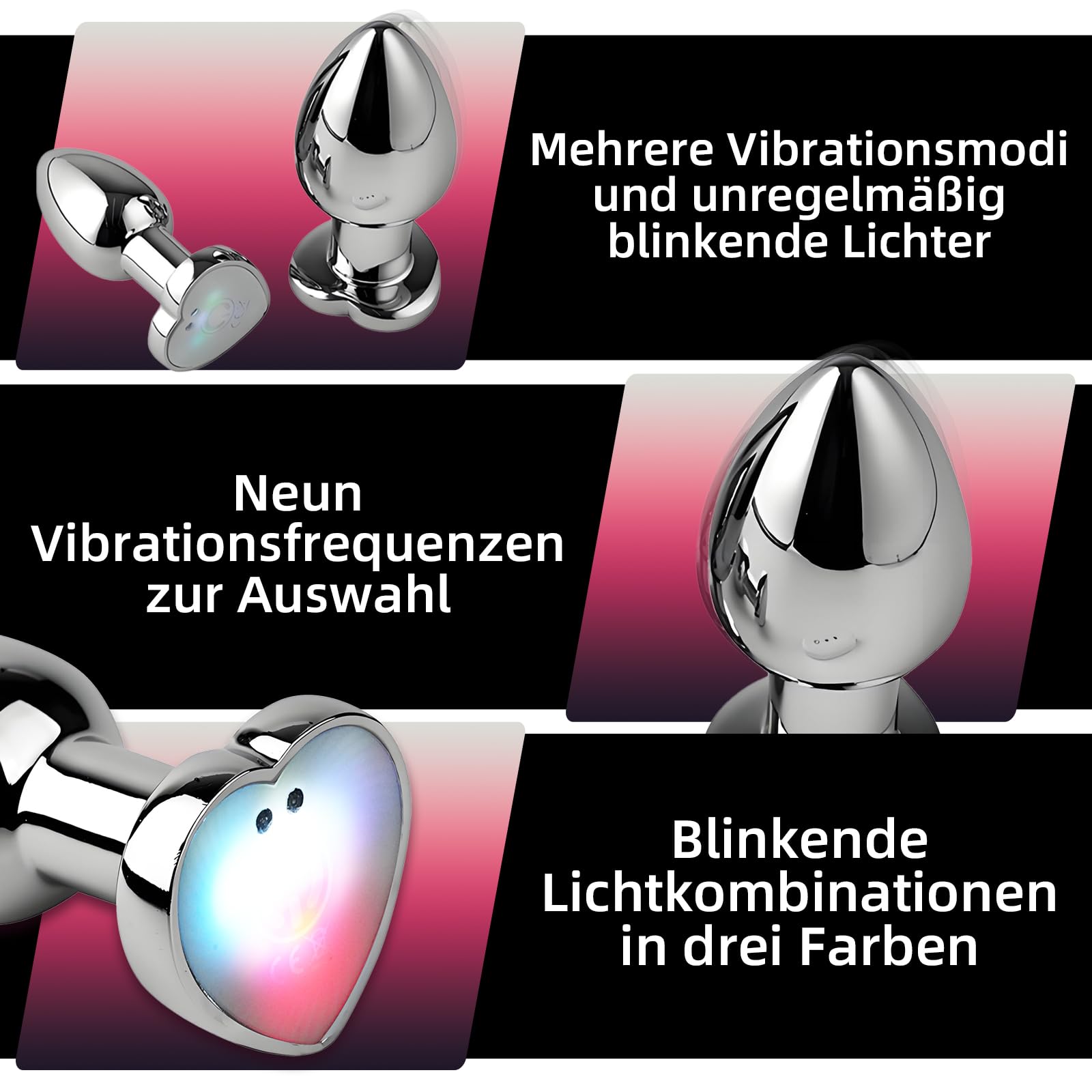 AMAZBEE Plug anale vibrante Vibratore Butt Plug per donne uomini Hearted Light Up Massaggiatore della prostata con telecomando Giocattoli sessuali elettrici in acciaio inox (S)