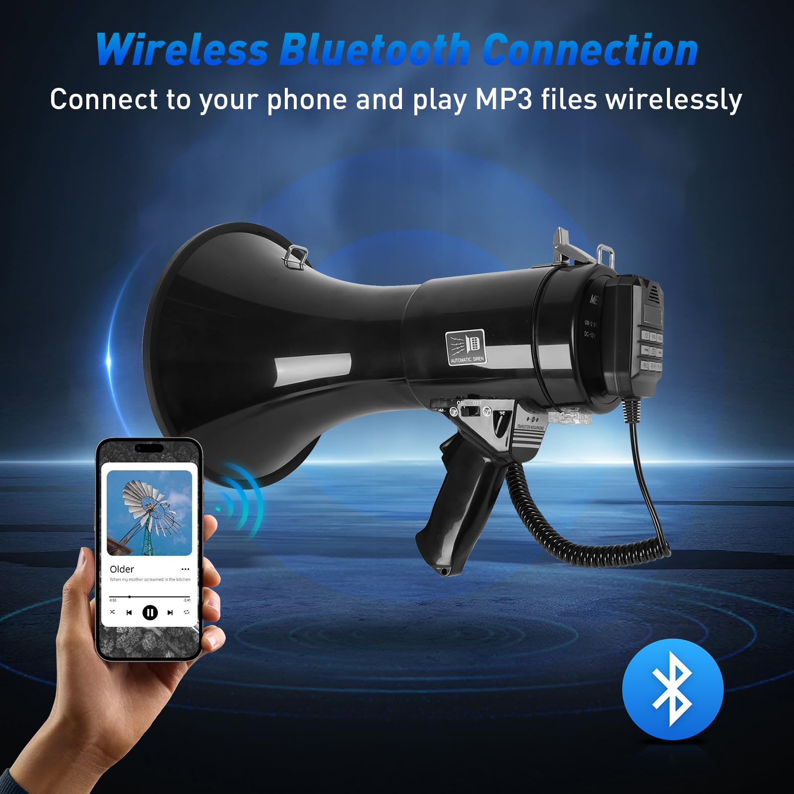 JAOGAUS Megáfono 100W con Bluetooth, Grabación, Sirena, Micrófono Externo, USB, Doble Alimentación