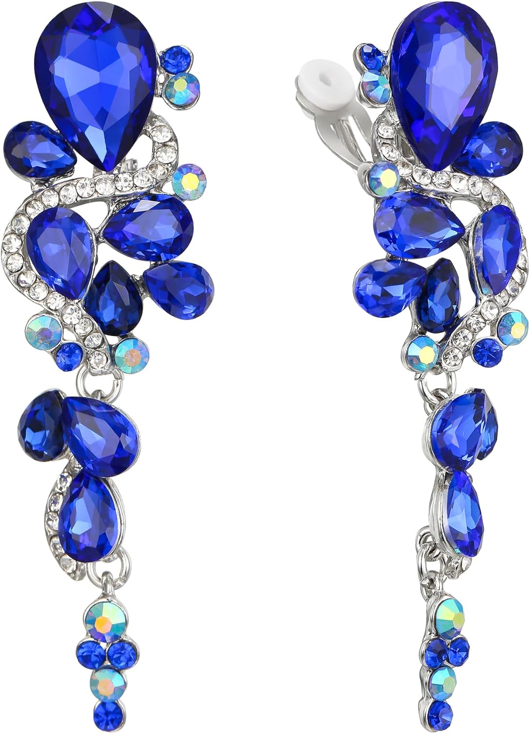 BriLove Wedding Bridal Clip-On Earrings for Women Bohemian Boho Crystal Multiple Teardrop Chandelier Dangle Jewelry Royal Blue Sapphire Color Silver-Tone
