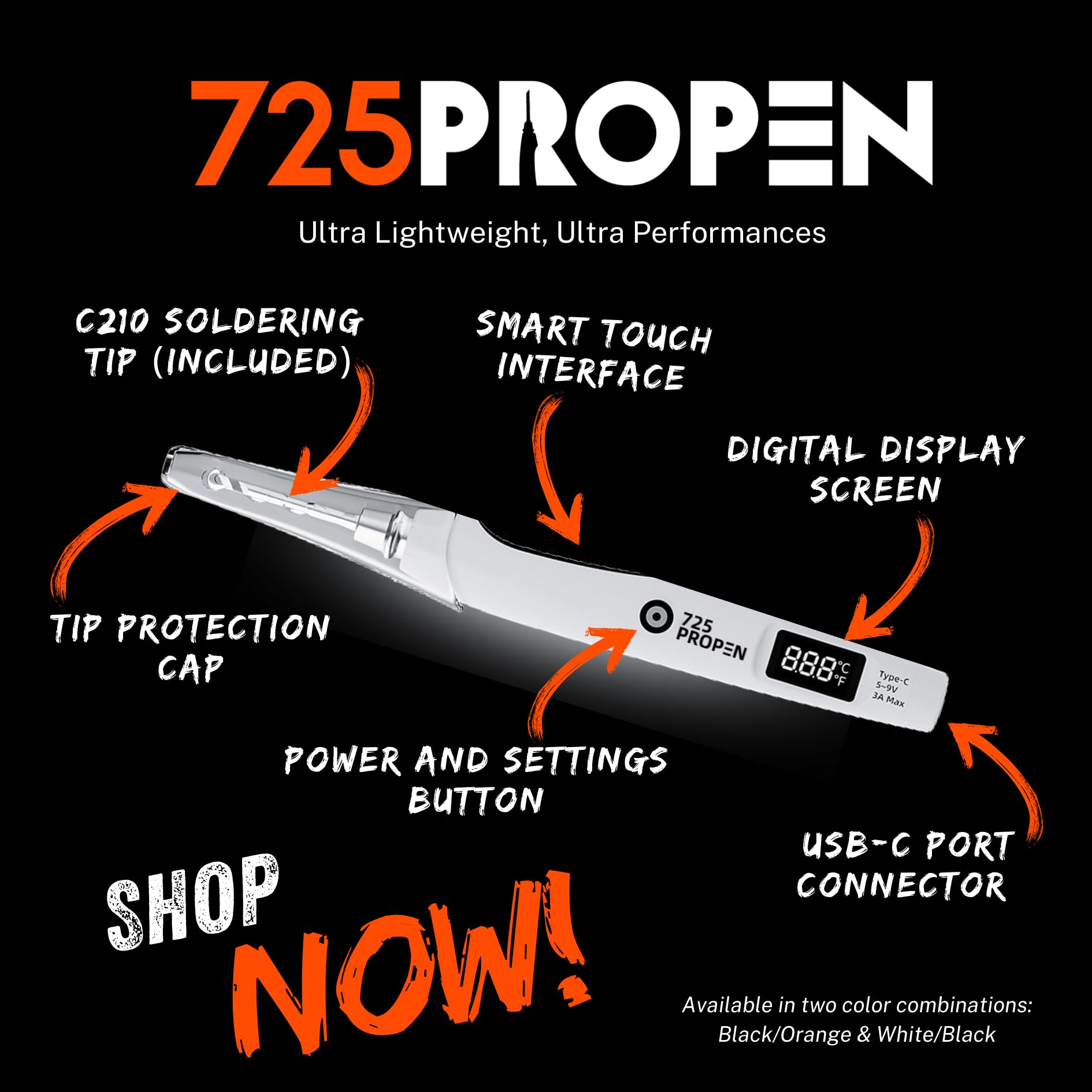 Cyfrowa lutownica, zasilanie USB-C, maksymalna temperatura 450°C, wyświetlacz LCD, przenośna (biała z czarnym)