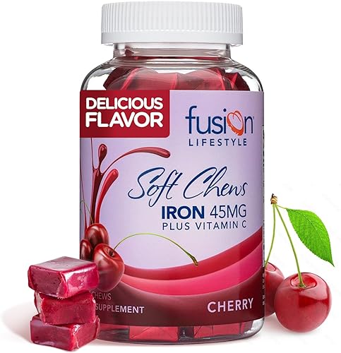 Suplemento de hierro masticable para mujeres y hombres, sabor a cereza, hierro vitamina C suave masticable para máxima absorción, hierro como