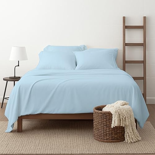 Juego de sábanas de tamaño matrimonial, juego de 6 piezas, bolsillos extraprofundos, 600 hilos, 100% algodón egipcio, color azul claro, sábanas de