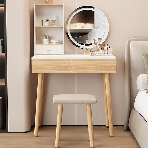 YOURLITE Makeup Vanity Desk with Lights,Small Vanity with Adjustable Brightness Mirror for Samll Spaces,Vanity Desk with Drawers and Storage Shelves