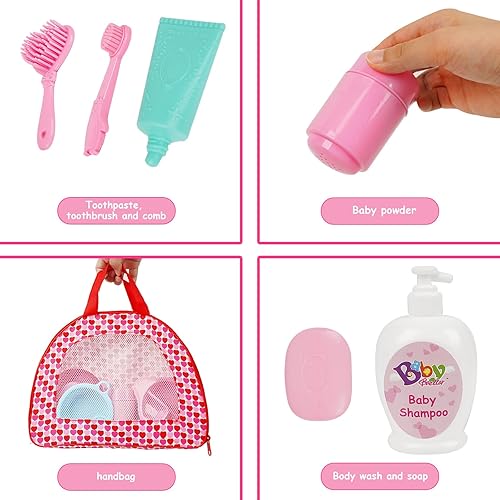 Miniatura 6 de Juego de 22 accesorios para muñecas de bebé con funda de transporte, incluye botella, taza para beber, chupete, babero, cepillo para el pelo, platos