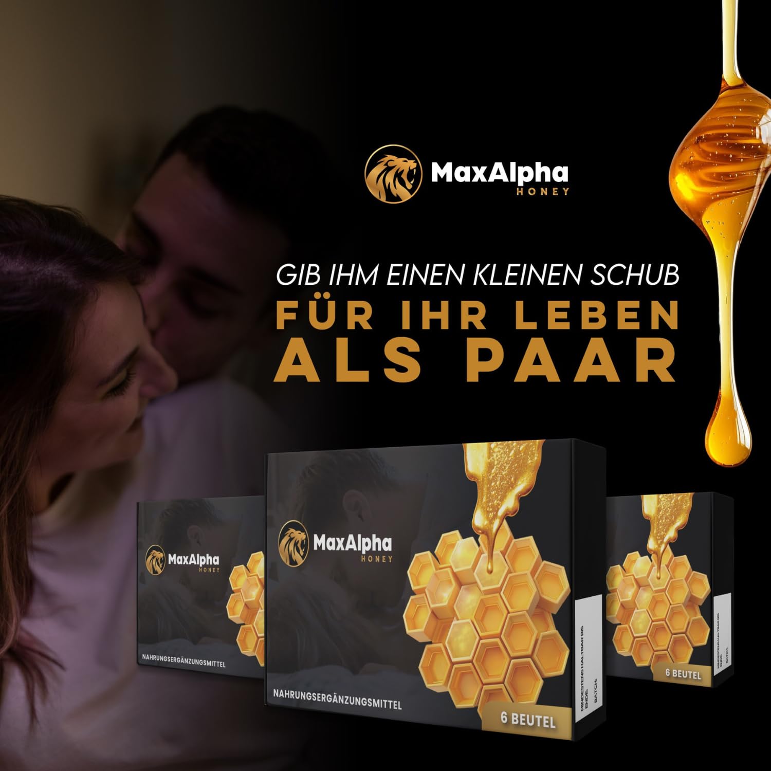 MaxAlpha Honey mit Ginseng-Extrakt & Vitamin B1 and B2 – 100% reiner Kräuterhonig | 6 Beutel à 15g | Natürliche Formel | Extra stark & sofortige Energie – Für aktive Männer & besondere private Momente
