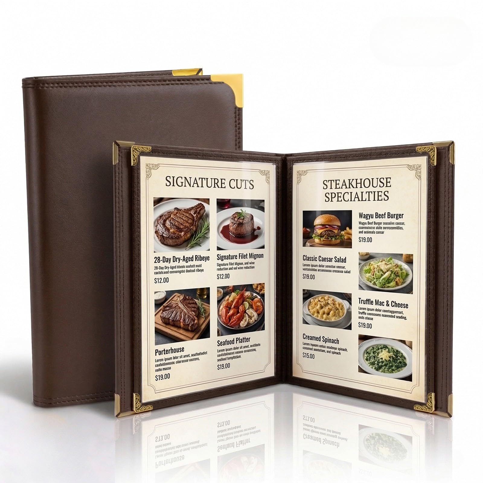 Restaurant Menu Covers 8.5 x 11 – 2 Pack Menu Holder, 2 Page 4 View Faux Leather Menu Book with Clear PVC Sleeves | Waterproof & Durable for