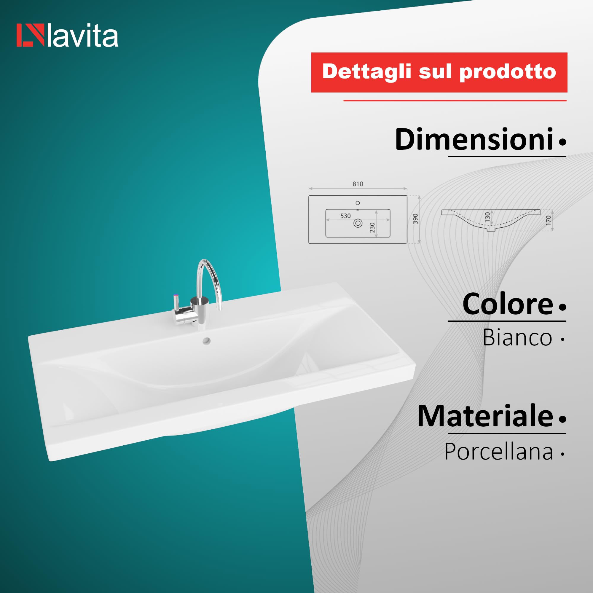 LAVITA Lavabo per mobili California 800 con troppopieno e foro per rubinetto, in porcellana di alta qualità, 81 x 39 x 17 cm, bianco lucido