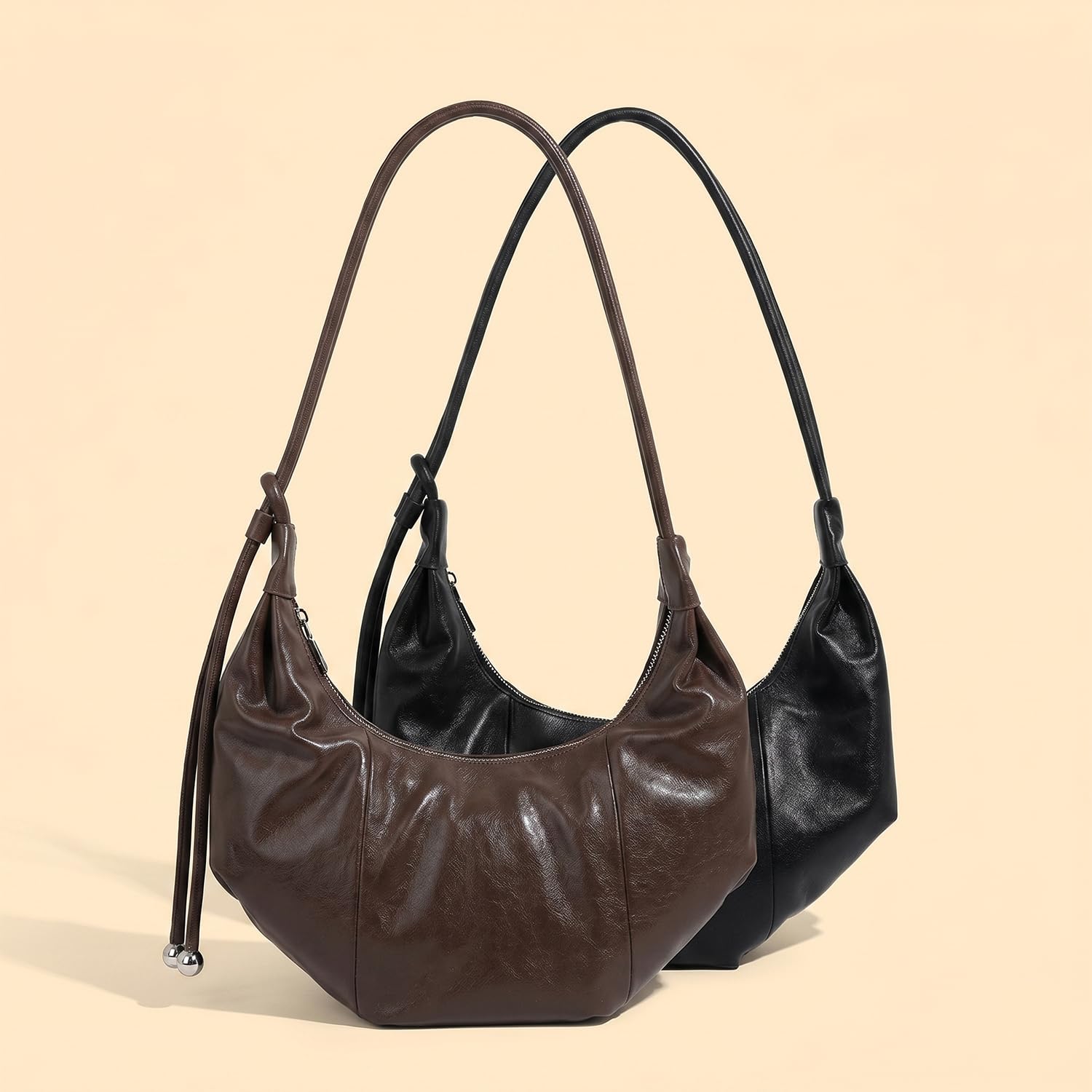 Damen Croissant Tasche aus echtem Leder, Retro Unterachseltasche und Schultertasche, Klassische Halbmond Umhängetasche mit verstellbarem Gurt für Büro und Alltag Braun
