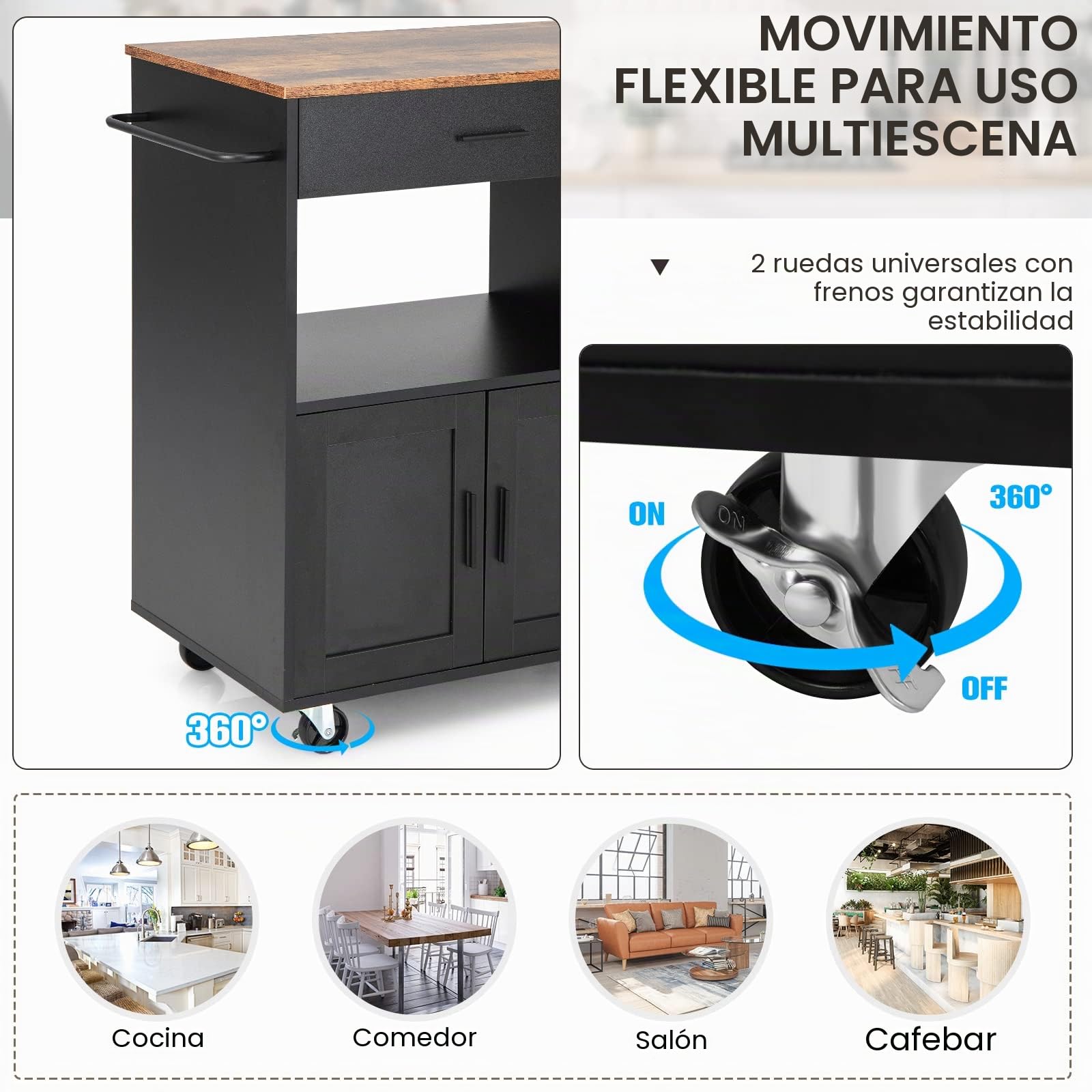 KOMFOTTEU Carrito de Cocina con Ruedas, Carro de Servicio con 3 Estantes Laterales, Armario de Puertas y Cajón, Isla de Almacenamiento con Toallero, Buffet de Comedor, 82 x 50 x 92 cm (Negro)