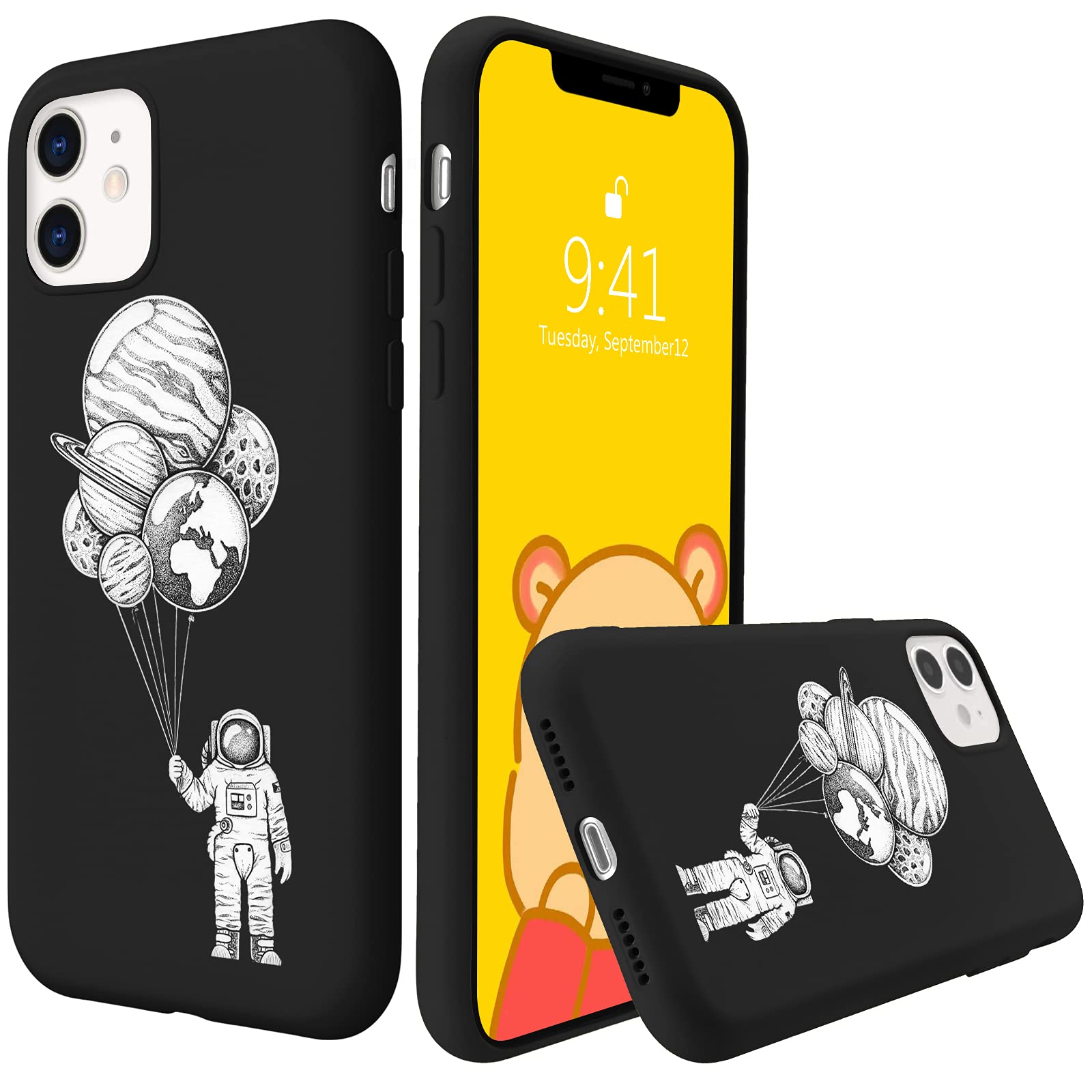 LuGeKeBlack Astronaut Case for iPhone 11 Pro, Black Soft Slim Planet Liquid Silicone Case Anti Scratch Dust Phone Case, Pattern Protective Gel Rubber Case Cover with Microfiber Lining Cushion