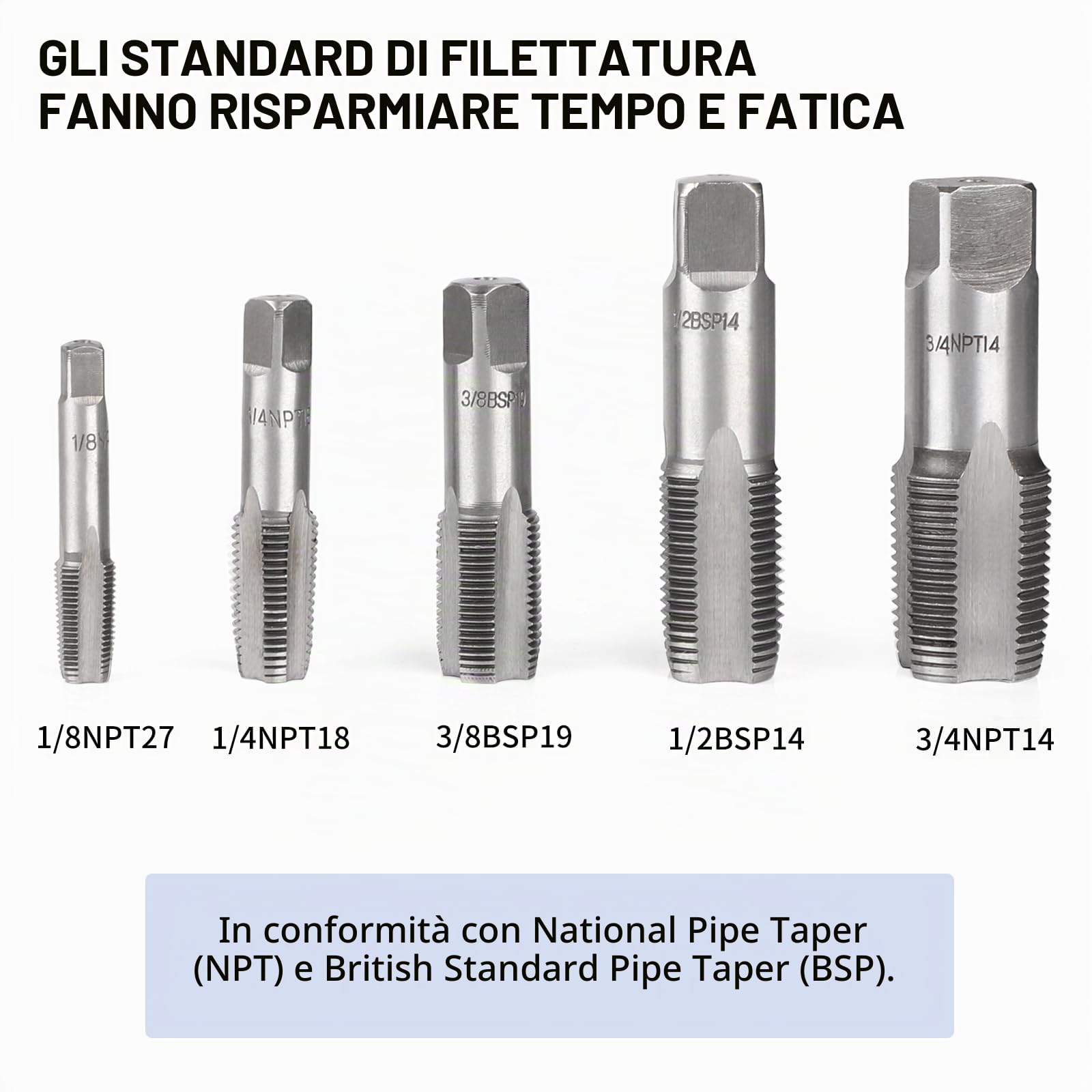 SWAWIS 5 Pezzi Maschi per Filettatura 1/8" 1/4" 3/8" 1/2" 3/4" per Tubi Idraulici