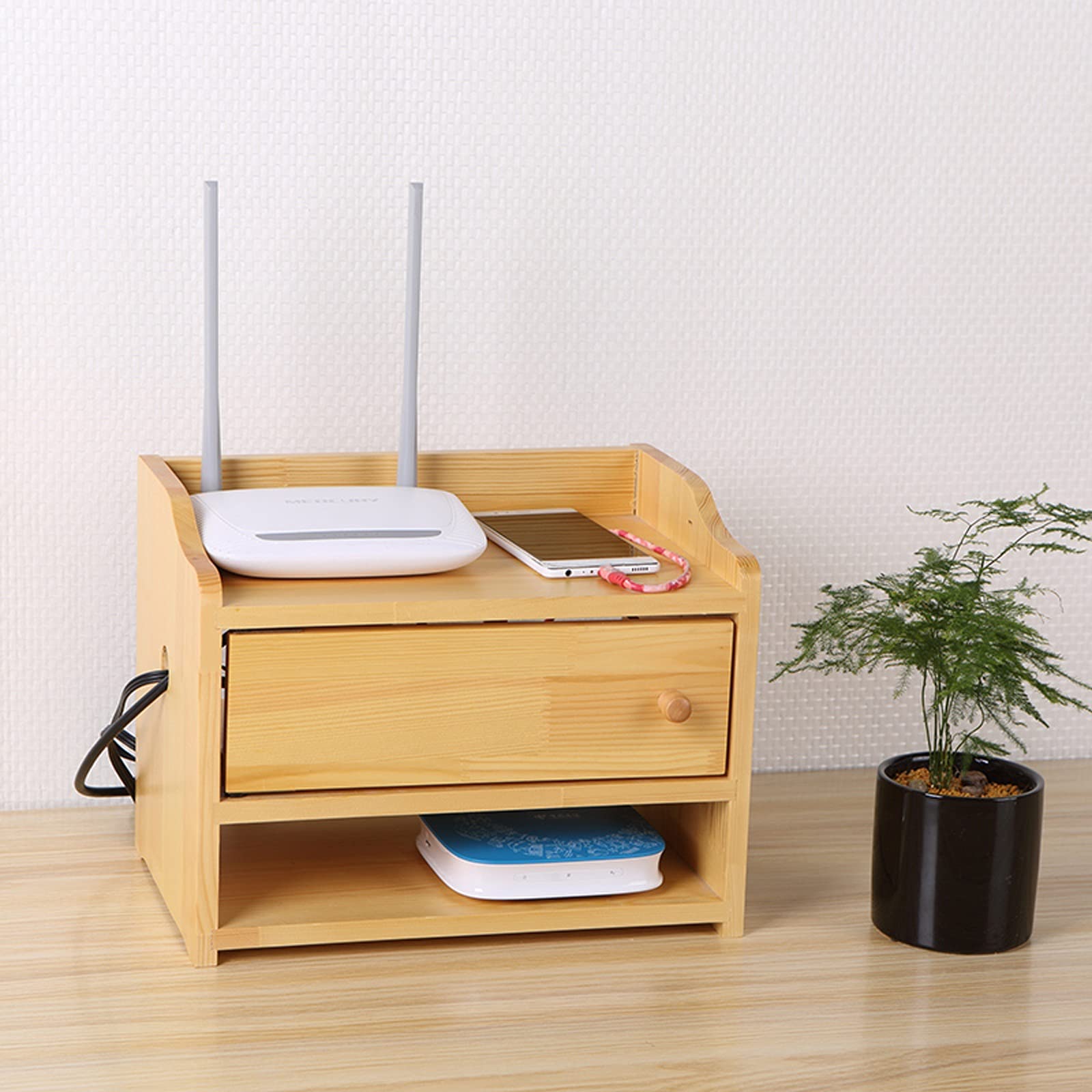 Caja de gestión de Cables Caja de Almacenamiento de enrutador Caja de Almacenamiento de Cables de Madera Simple Caja organizadora de regleta de alimentación de Doble Capa, Ocultar y Ocultar Bloques