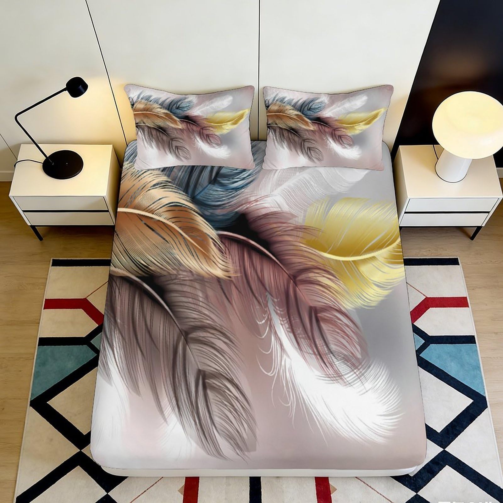 3D Printed Feather Fitted Sheet Microfiber Deep Pocket Bedroom Bedding Feather Mattress Fitted Cover Elastic Hem Washable 90x200x25cm