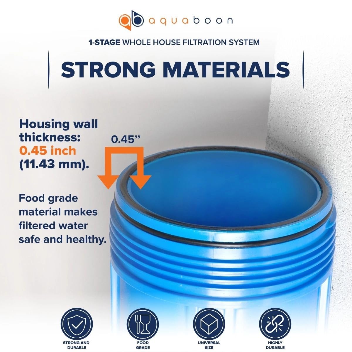 Aquaboon Carcasa de filtro de agua para toda la casa | Sistema de filtro de agua de 20 x 4.5 | Recipiente de filtro de agua certificado NSF con medidor y liberación, llave, soporte NPT de 1 pulgada