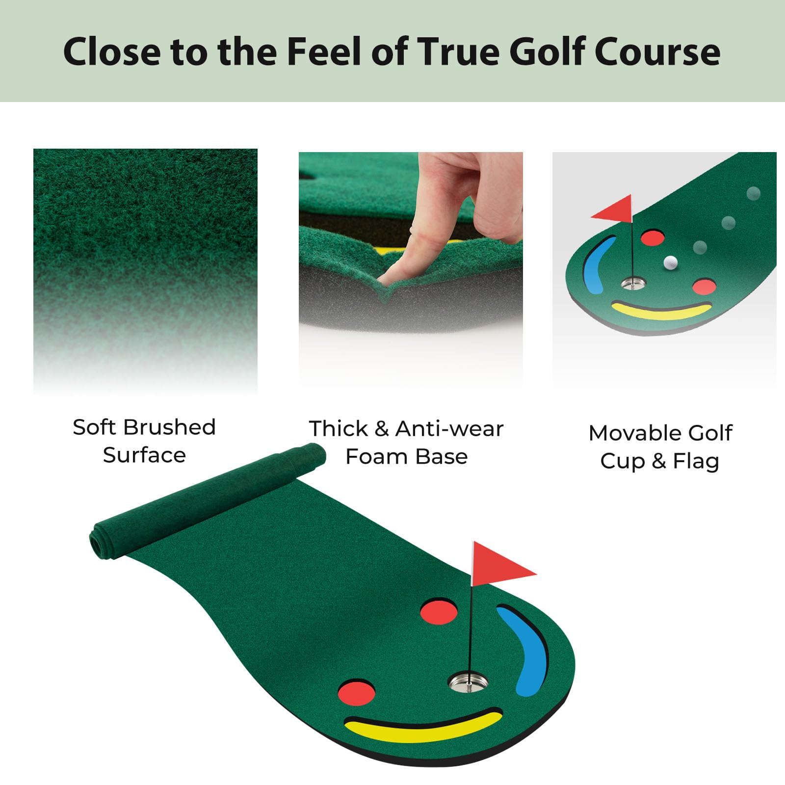 LIFEZEAL Golf Puttingmatte, Übungmatte Golfmatte mit 3 Löchern, Abschlagmatte Golf mit Bunte Fahne, 5 Abstandshältern für Bohrungen, Dicke Training Matte für Zuhause, Garten, Garage