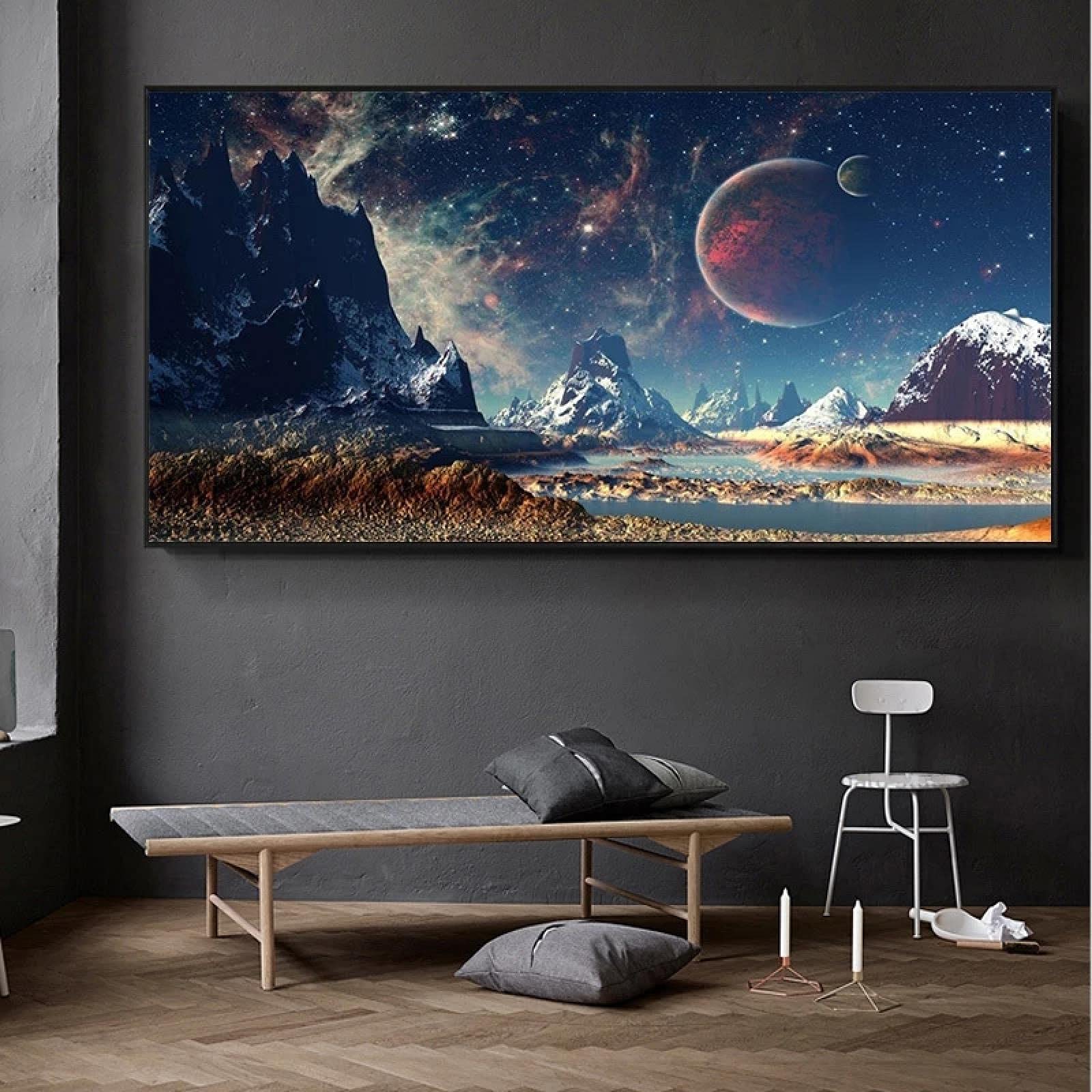 Yooyu Carteles del espacio y la montaña Universo Exoplaneta Galaxy Pinturas en lienzo Paisaje Arte de la pared Imagen Decoración para el hogar Mural 50x115cm (19.7x45.3in) Marco interno