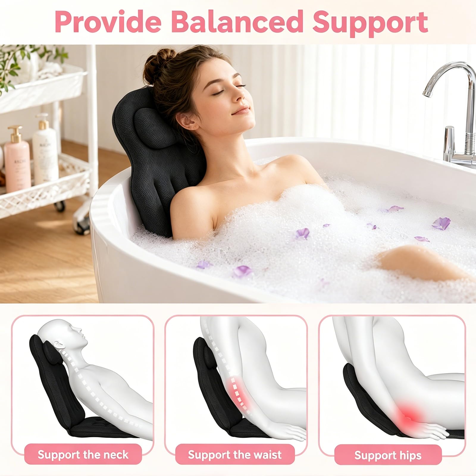 Ganzkörper Badewannenkissen für die Badewanne, Verdicktes Badewannenmatte mit Kopfstütze unterstützt Nacken, Rücken und Beine, Badewannenkissen Mit Hängehaken Saugnäpfen(Schwarz)