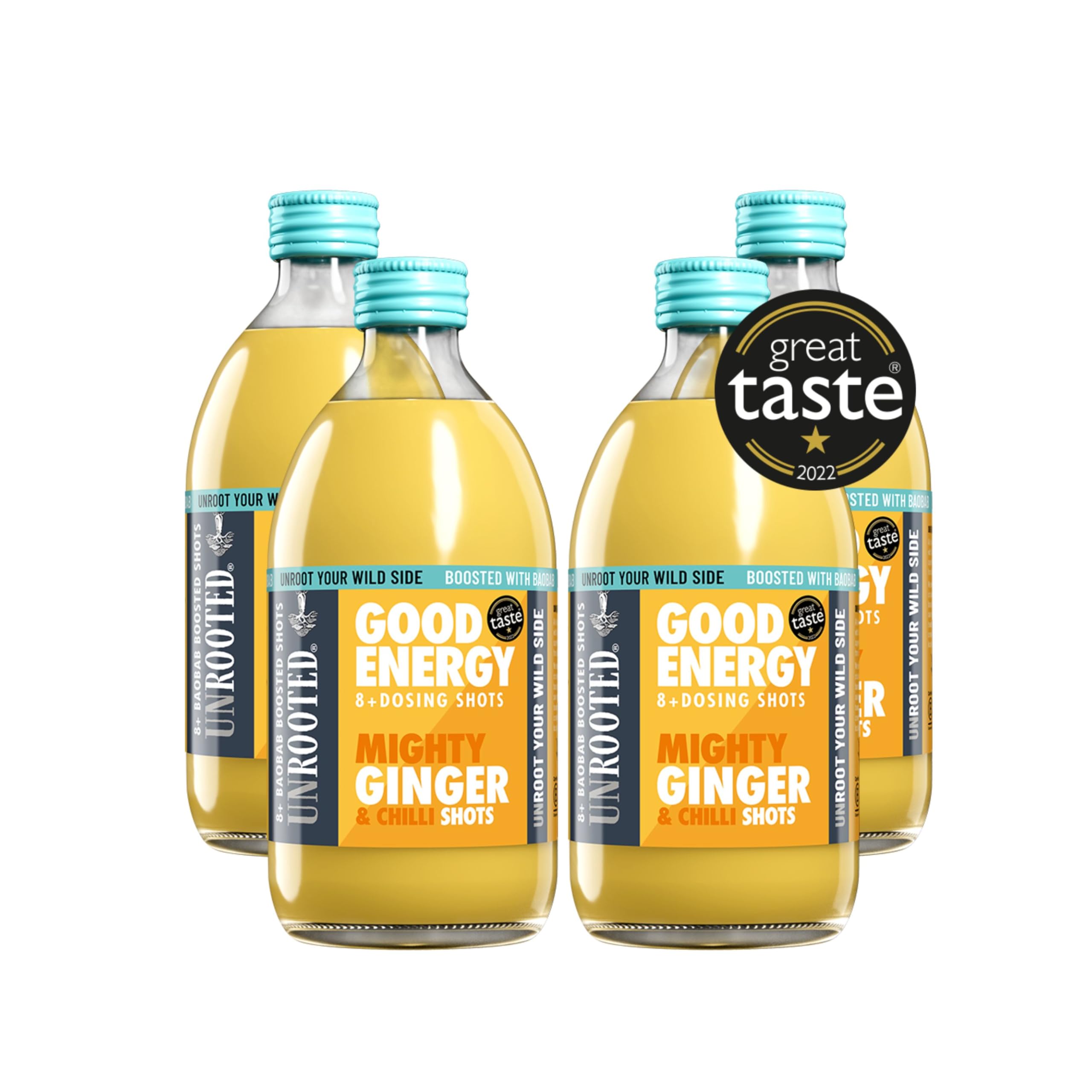 UNROOTED Mighty Ginger Shots Multipack - Immune System and Natural Energy Booster - 4 x 500ml Dosing Bottles - Ginger, Turmeric, Chilli & Baobab