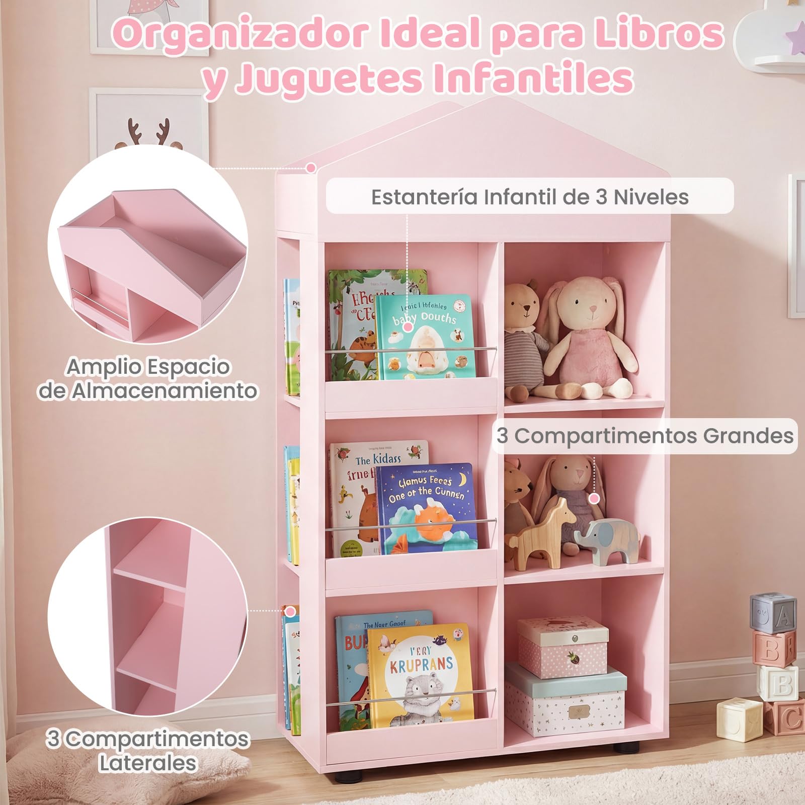 COSTWAY Estantería Infantil de Madera, Organizador Juguetes Tipo Casita de Muñecas con Compartimentos, Kits Antivuelco, Barras y Baffles Anticaída, Biblioteca para Sala de Juegos,64x30x116cm (Rosa)
