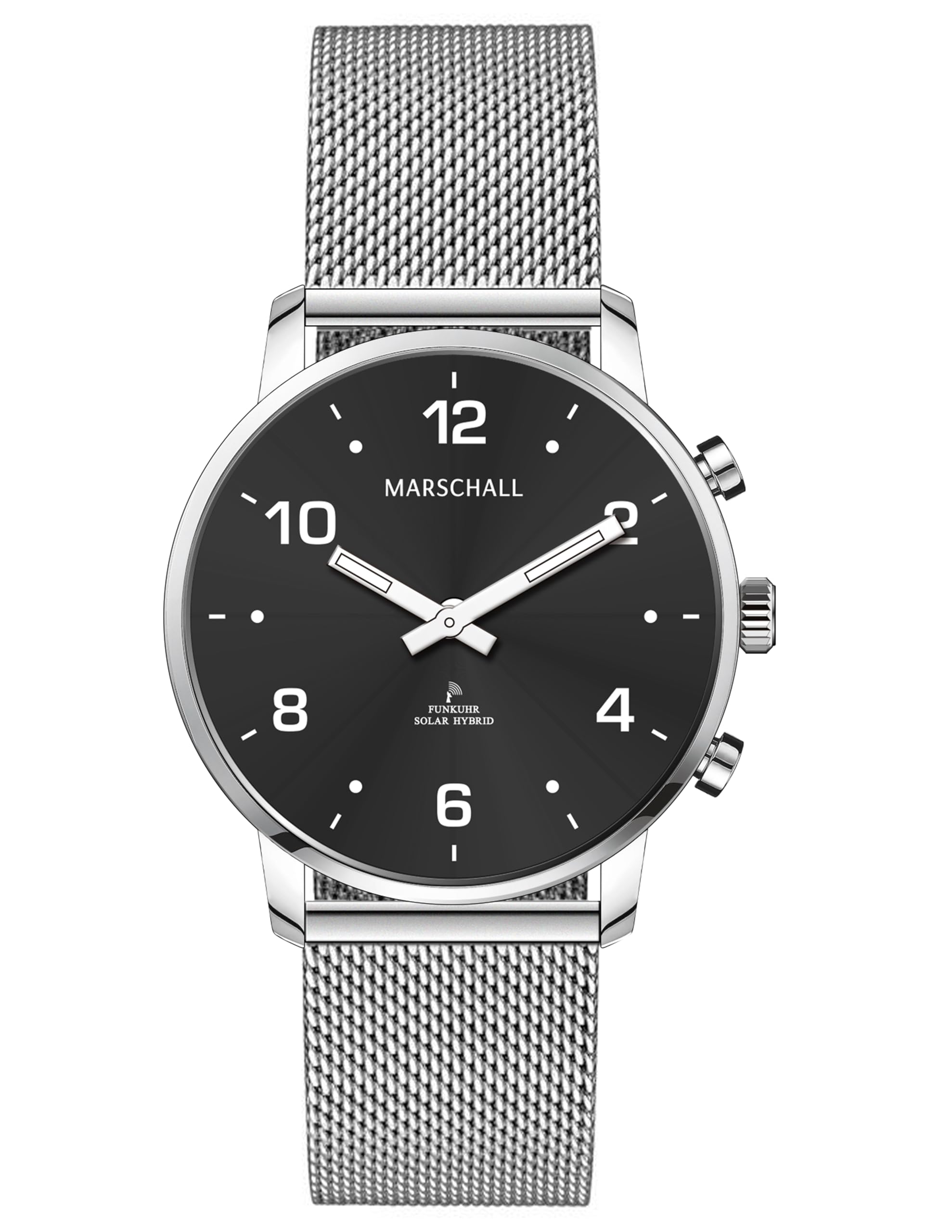 Marschall Deutsch sprechende Unisex Funk-Armbanduhr I Mit Solarpanel I 1150S I Für Blinde, Senioren und Demenzkranke I Datum- und Zeitansage I Schwarzes Zifferblatt und Milanaise Armband
