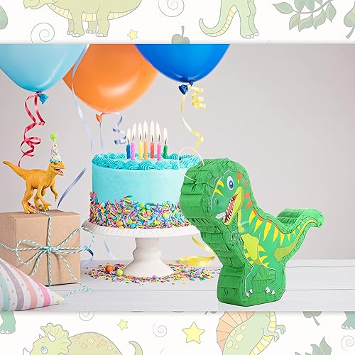 Vista 4 de T-Rex - Piñata de dinosaurio con cuerda de tiro, 14 x 12 x 3 pulgadas, relleno de piñata de dinosaurio para niños y niñas, suministros temáticos