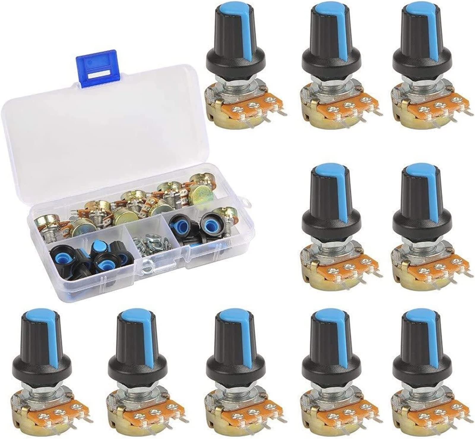 Potentiomètre WH148 2K Ohm avec bouton et 3 broches pour montage sur circuit imprimé